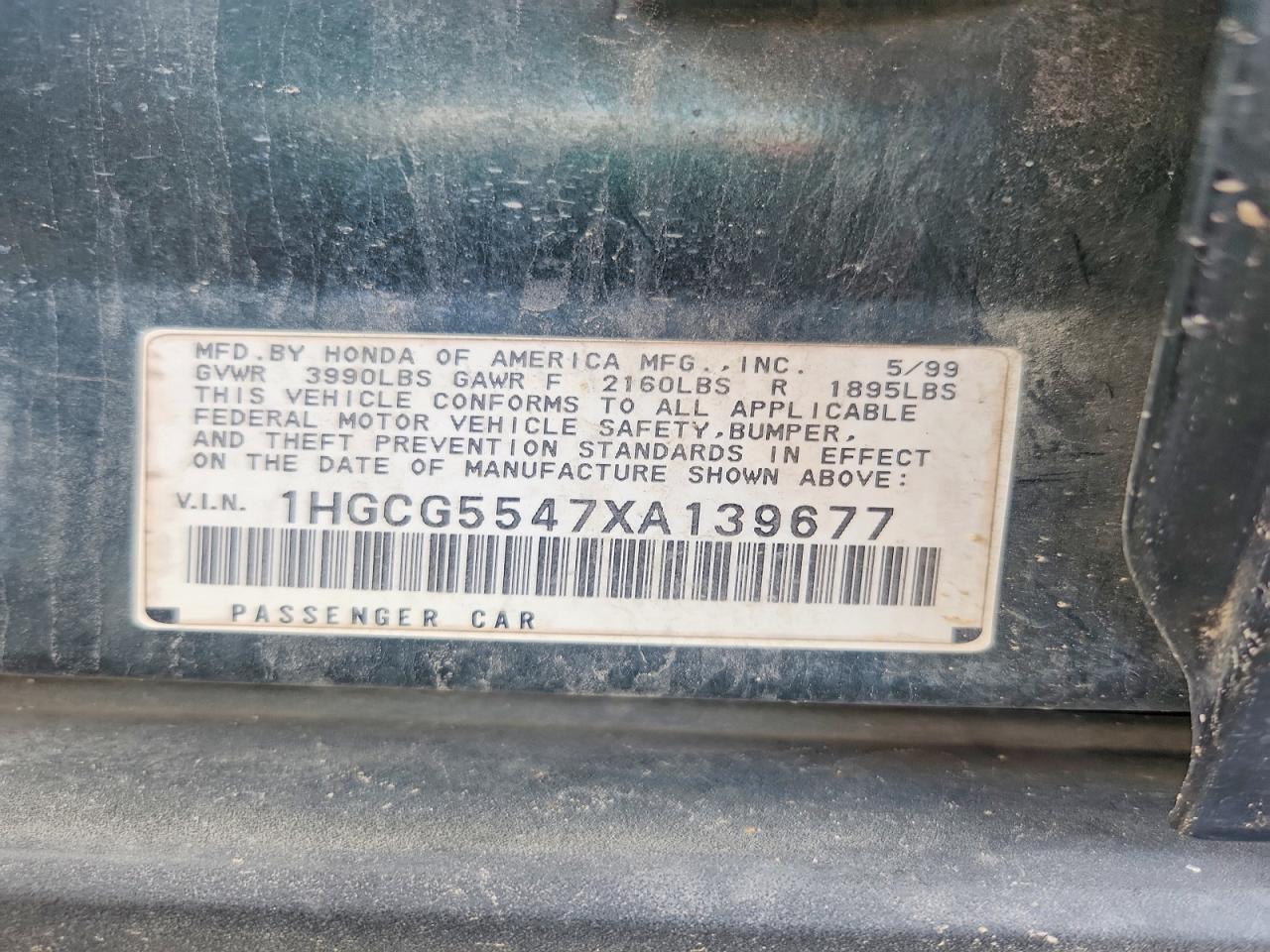 1999 Honda Accord Lx Green vin: 1HGCG5547XA139677