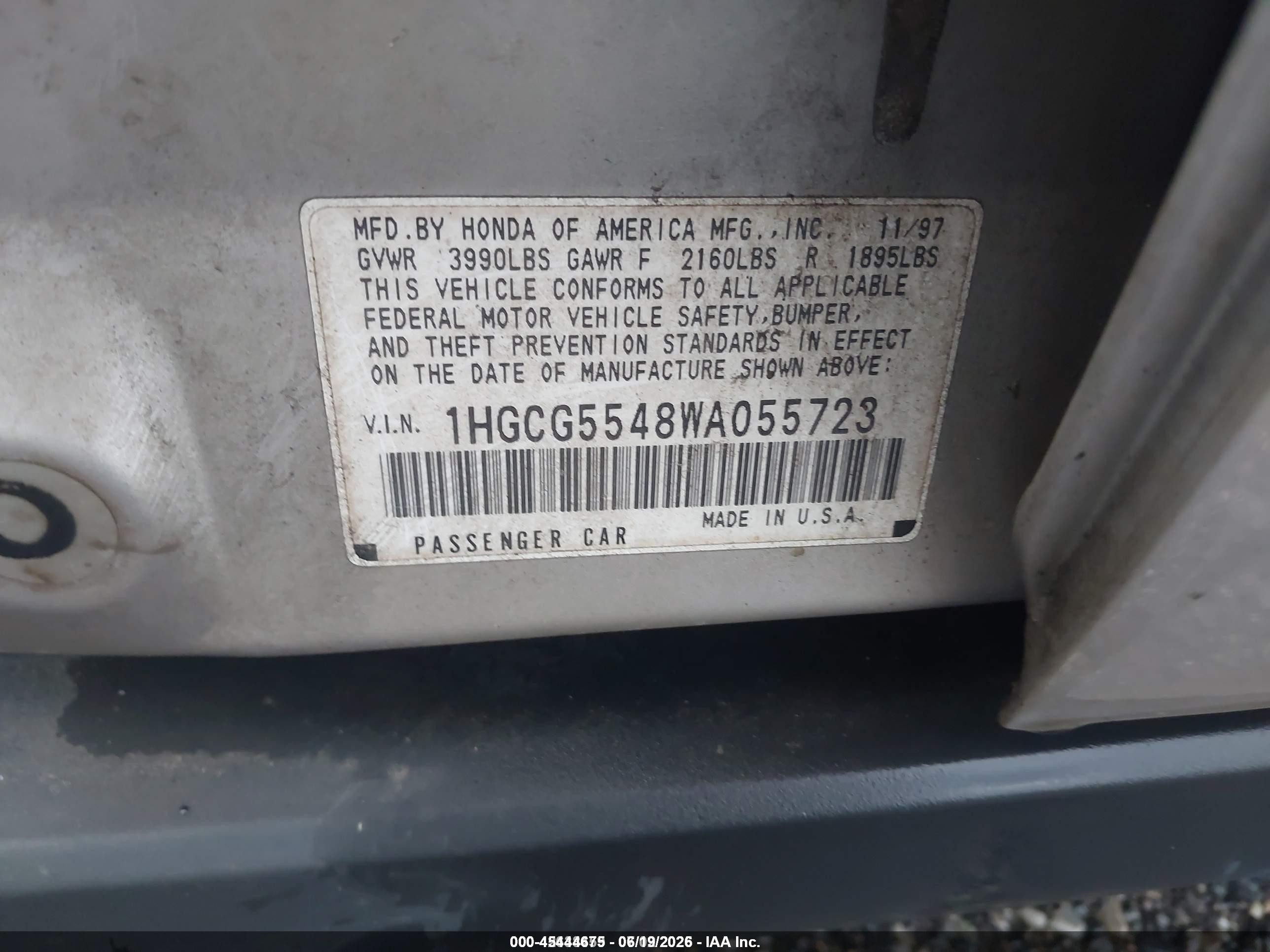 1998 Honda Accord Lx Gray vin: 1HGCG5548WA055723