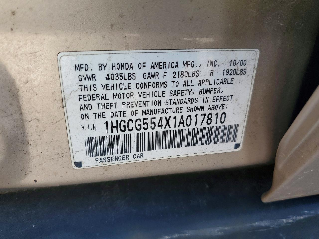 2001 Honda Accord Lx Tan vin: 1HGCG554X1A017810