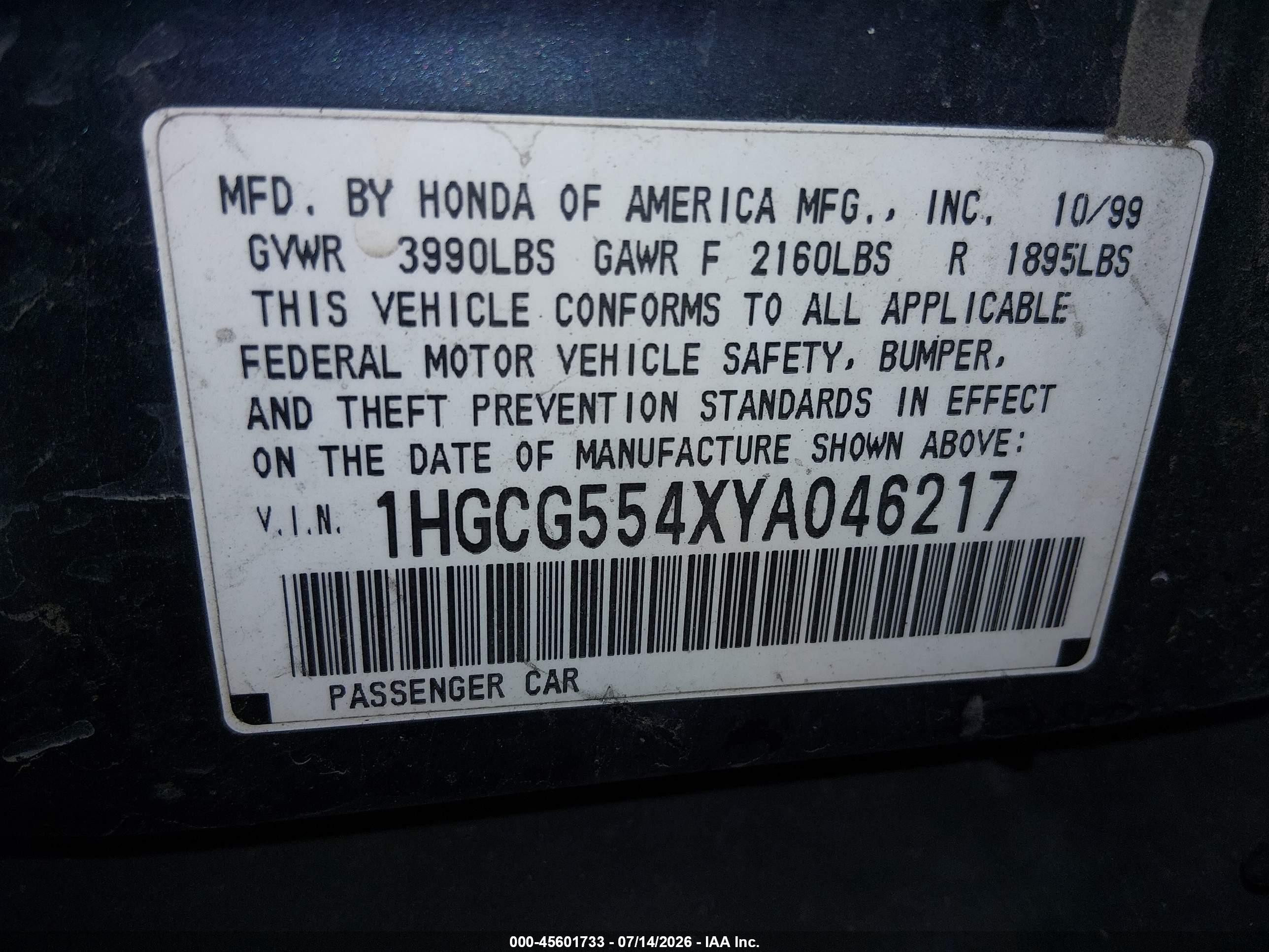 2000 Honda Accord 2.3 Lx Blue vin: 1HGCG554XYA046217