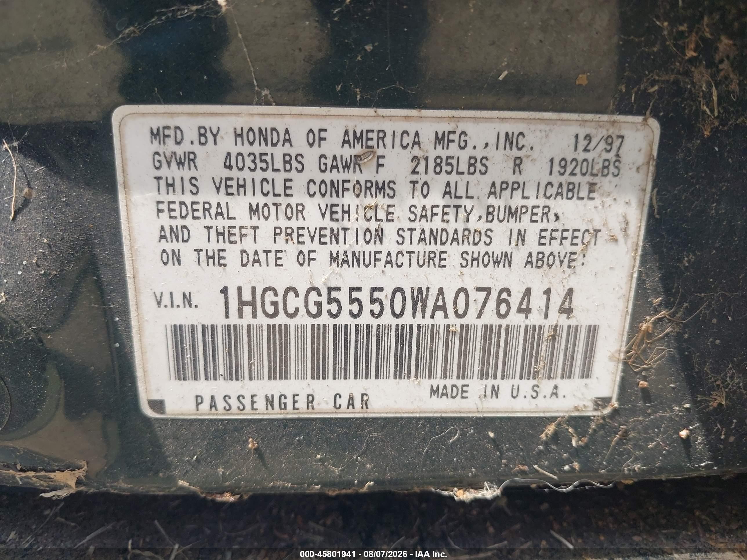 1998 Honda Accord Ex Green vin: 1HGCG5550WA076414