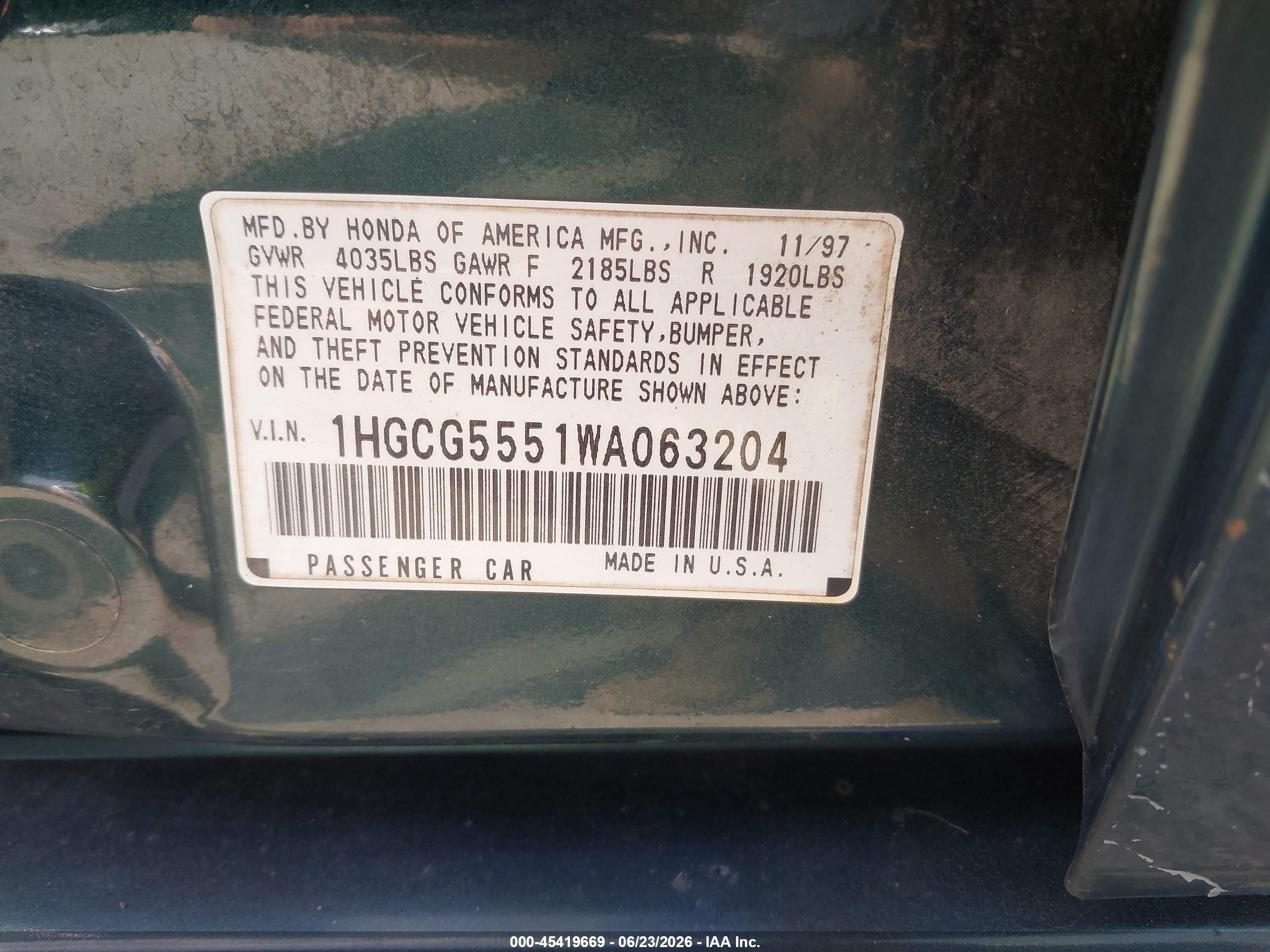 1998 Honda Accord Ex Green vin: 1HGCG5551WA063204