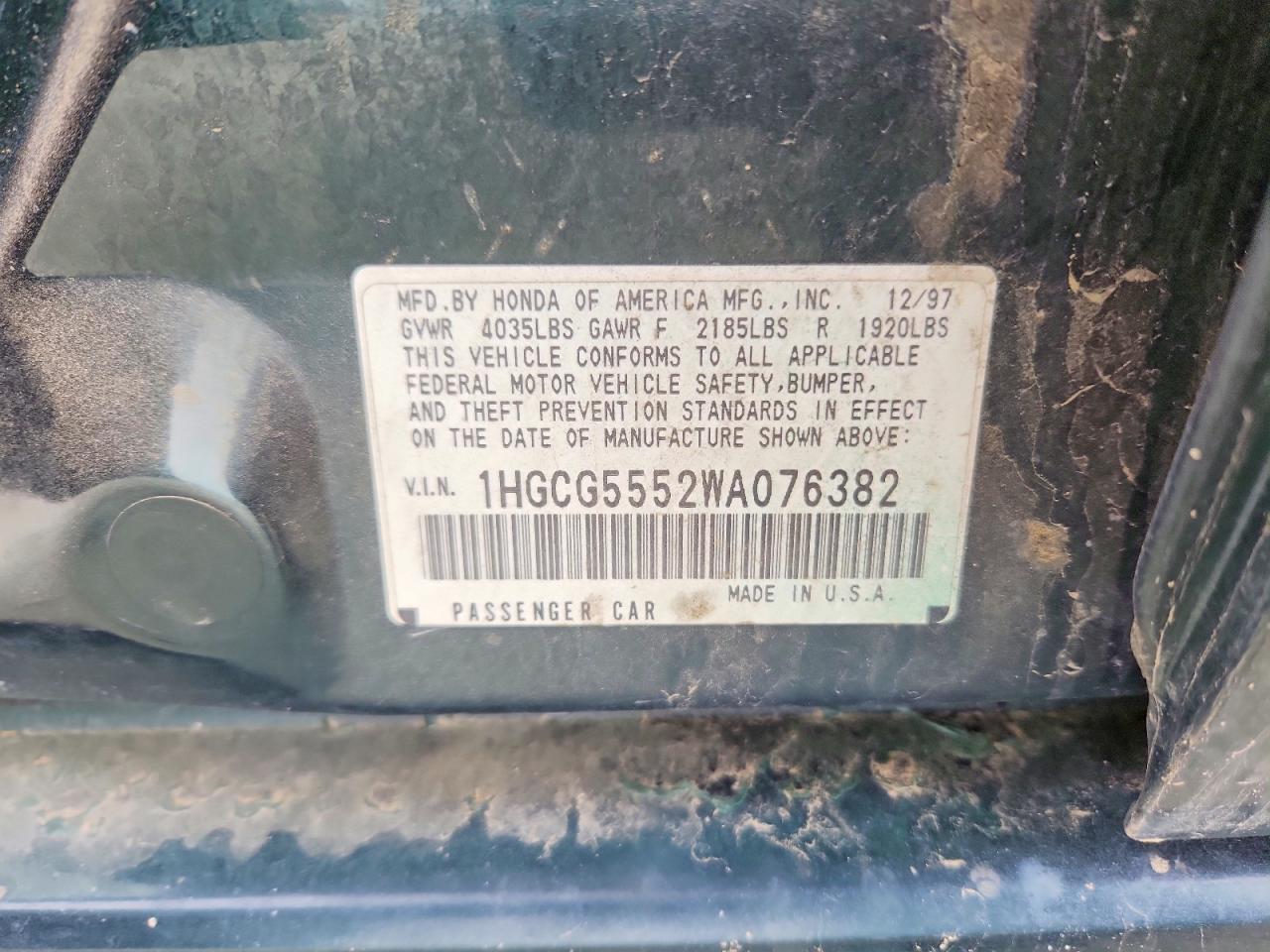 1998 Honda Accord Ex Зеленый vin: 1HGCG5552WA076382