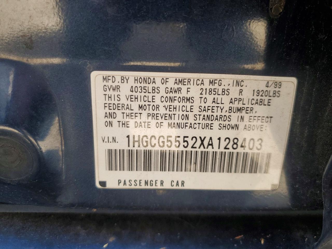 1999 Honda Accord Ex Blue vin: 1HGCG5552XA128403