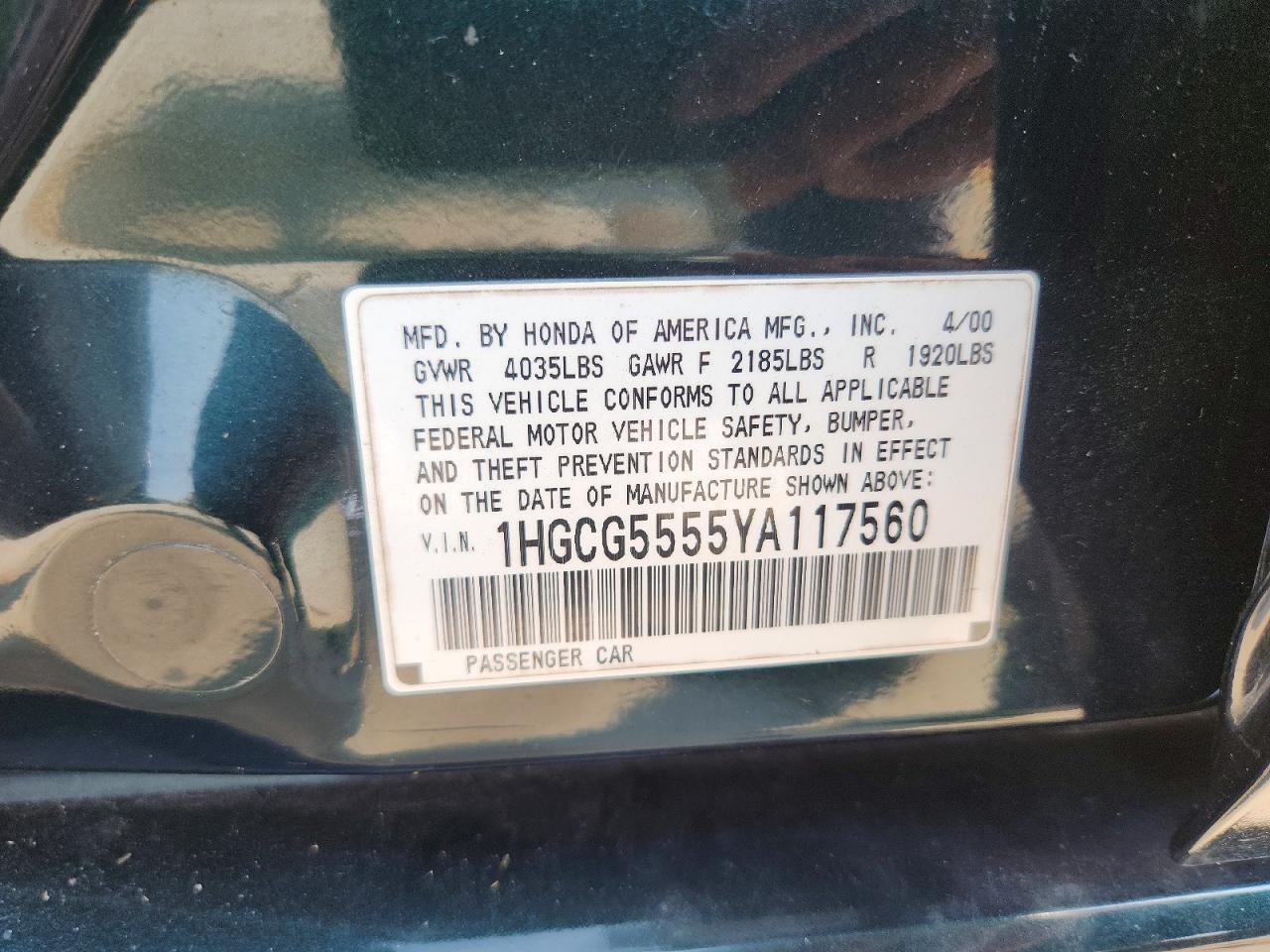 2000 Honda Accord Ex Green vin: 1HGCG5555YA117560
