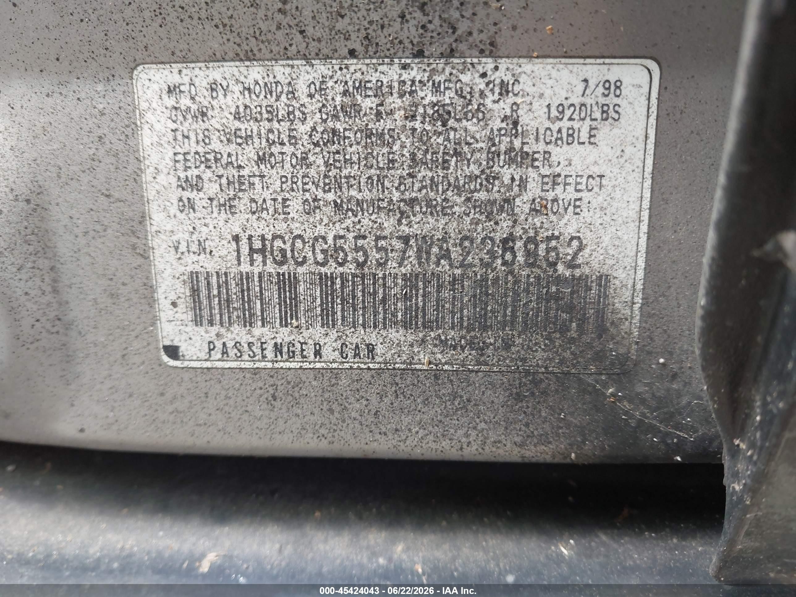 1998 Honda Accord Ex Black vin: 1HGCG5557WA236952