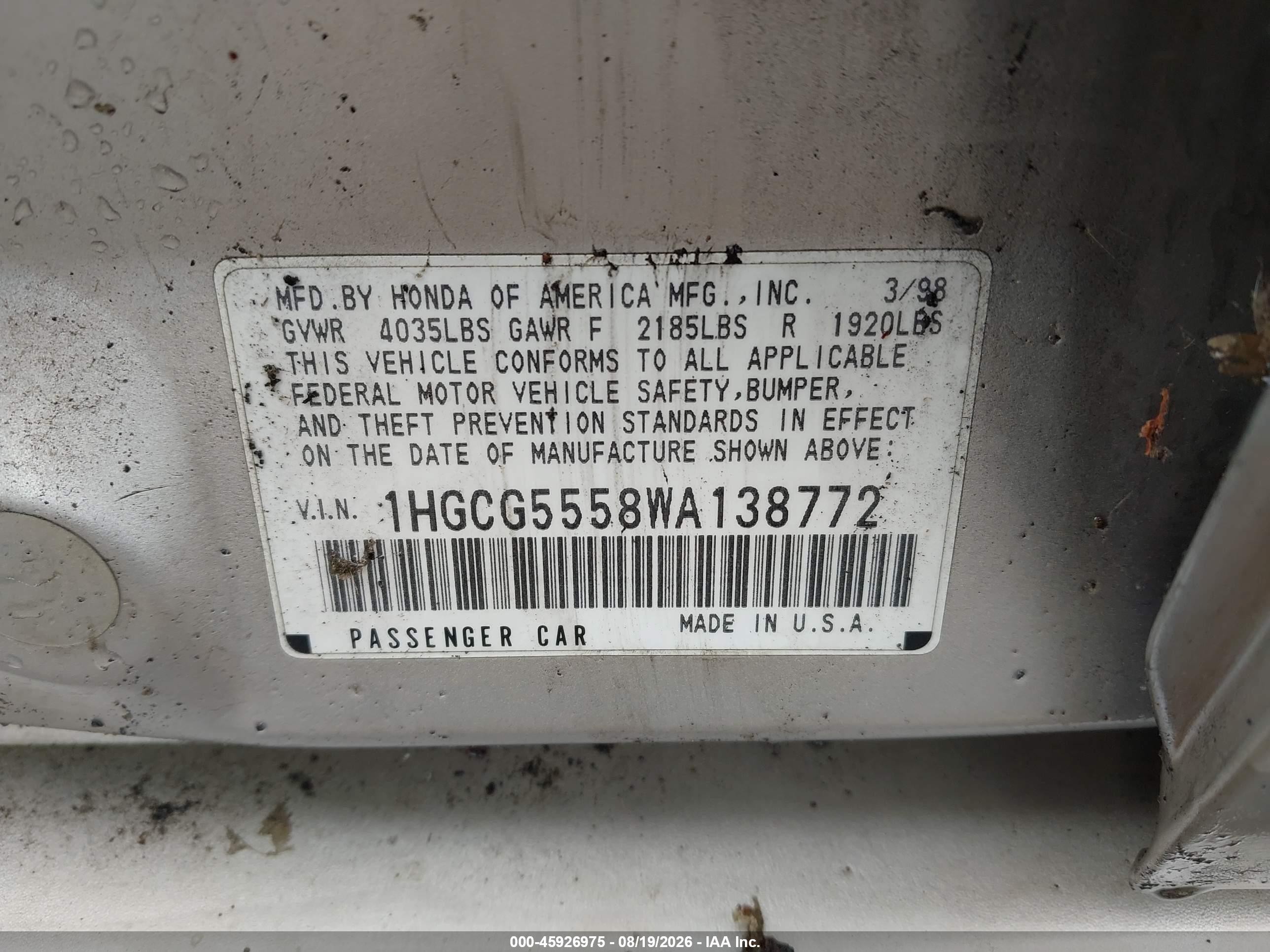1998 Honda Accord Ex Gray vin: 1HGCG5558WA138772