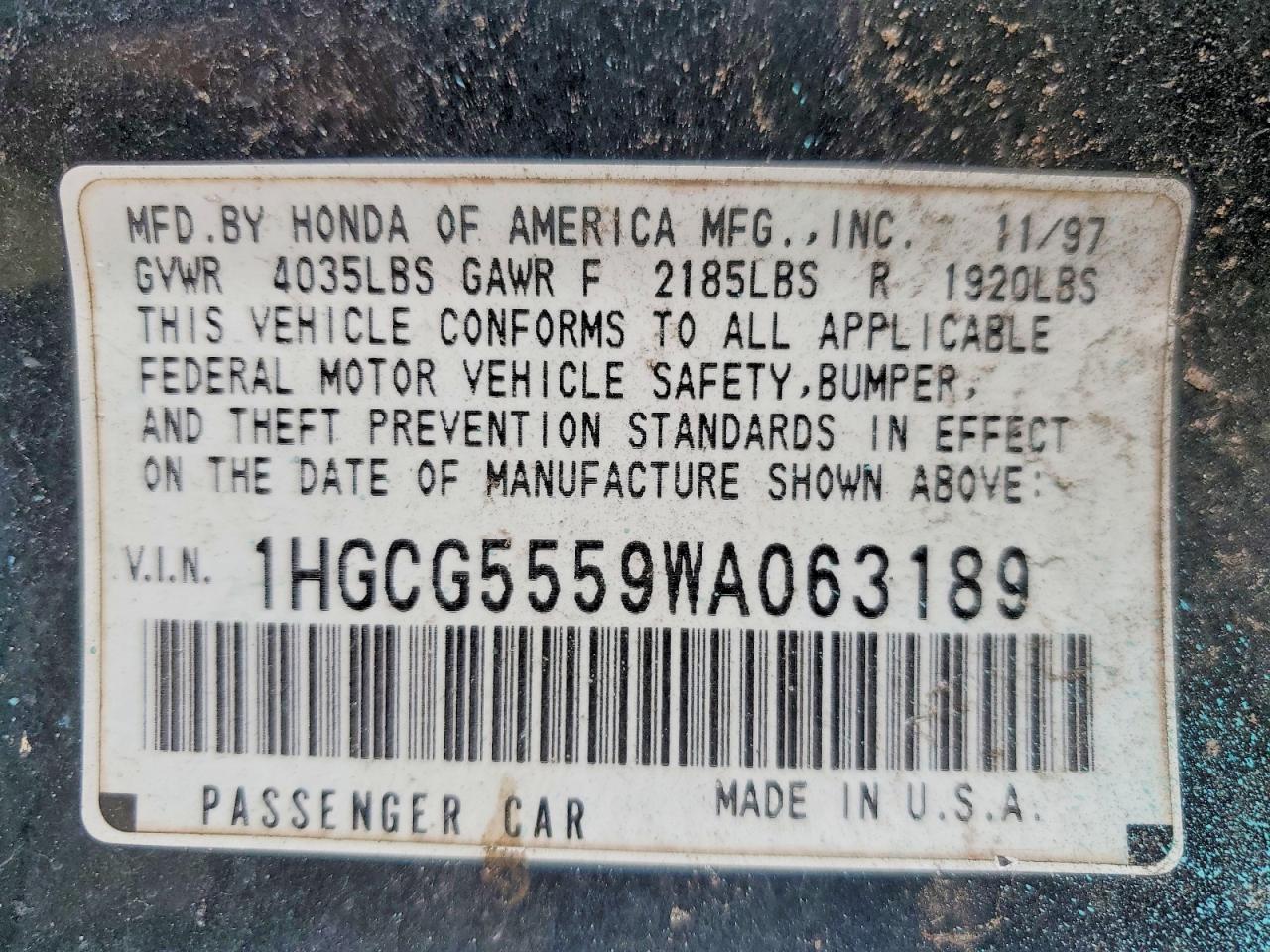 1998 Honda Accord Ex Зеленый vin: 1HGCG5559WA063189