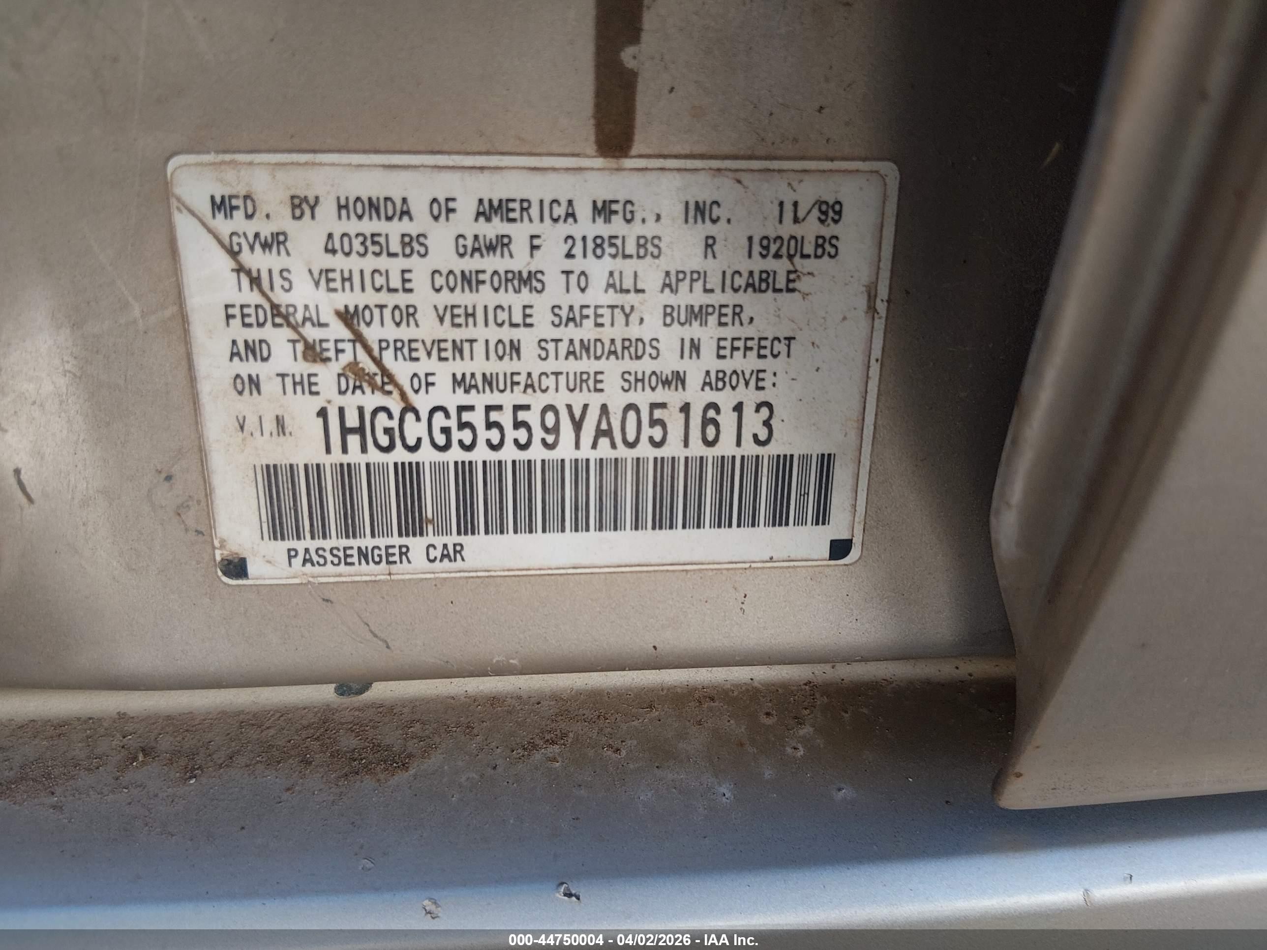 2000 Honda Accord 2.3 Ex Gold vin: 1HGCG5559YA051613