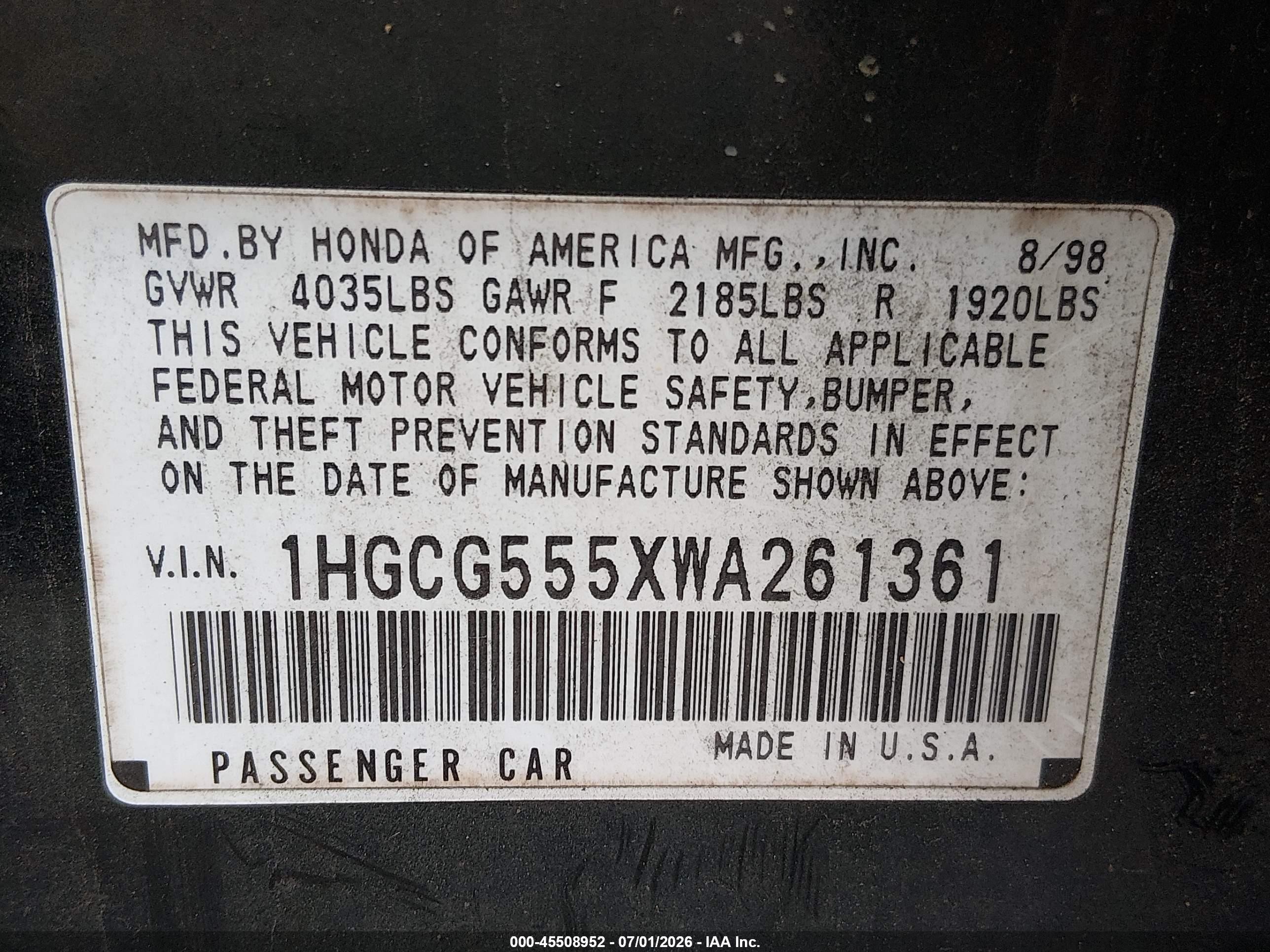 1998 Honda Accord Ex Green vin: 1HGCG555XWA261361