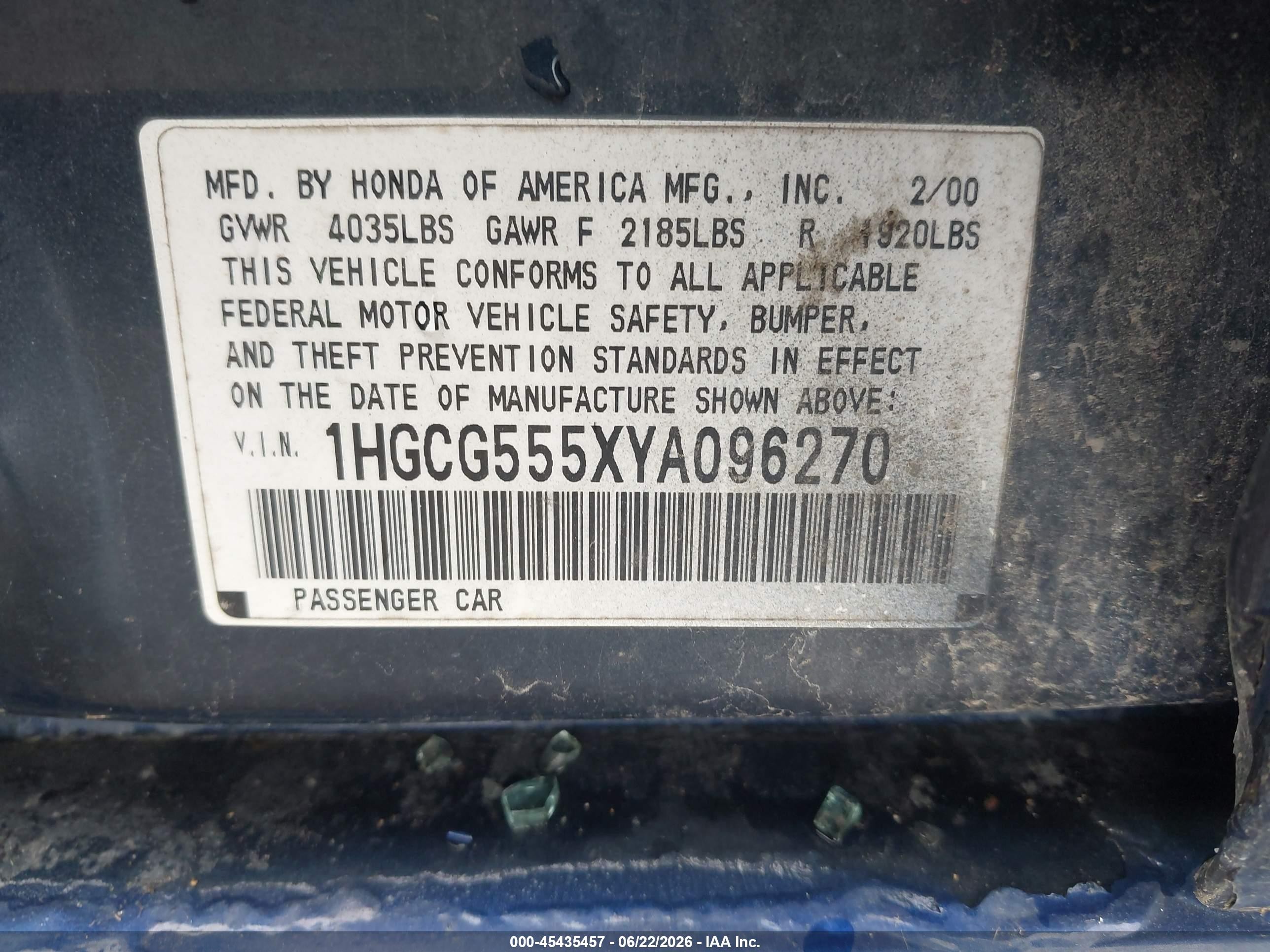 2000 Honda Accord 2.3 Ex Blue vin: 1HGCG555XYA096270