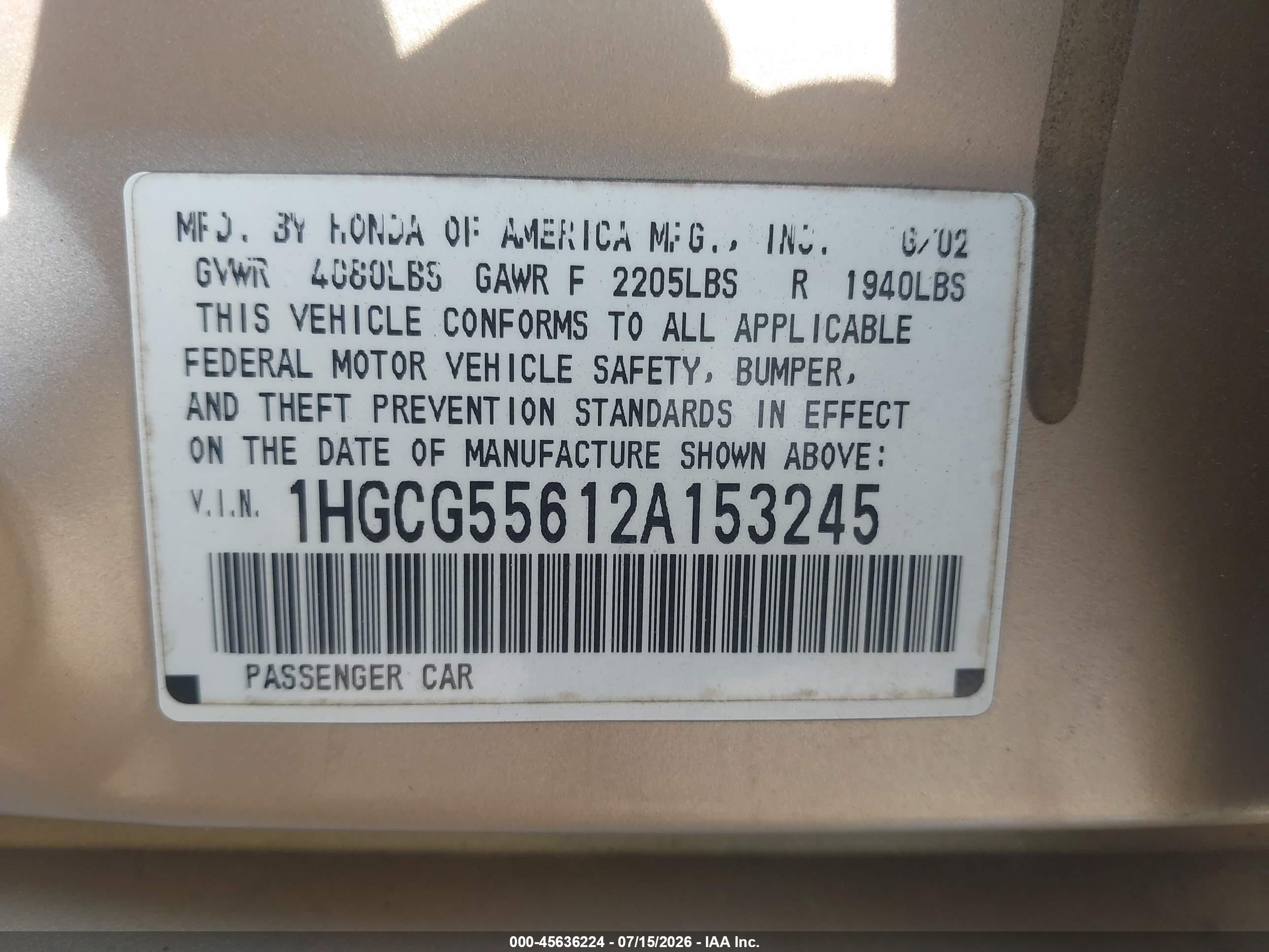 2002 Honda Accord 2.3 Ex Gold vin: 1HGCG55612A153245
