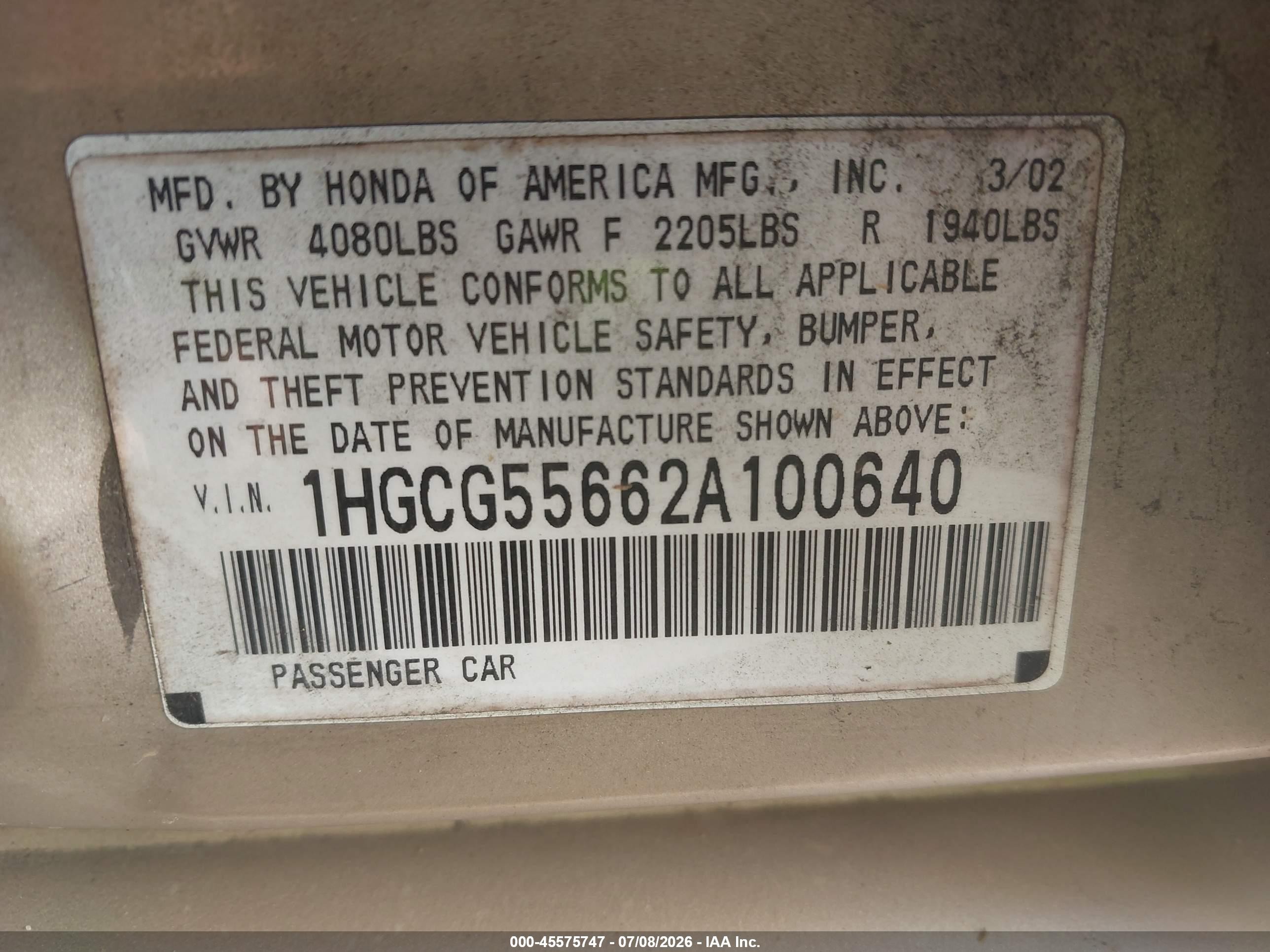 2002 Honda Accord 2.3 Ex Tan vin: 1HGCG55662A100640