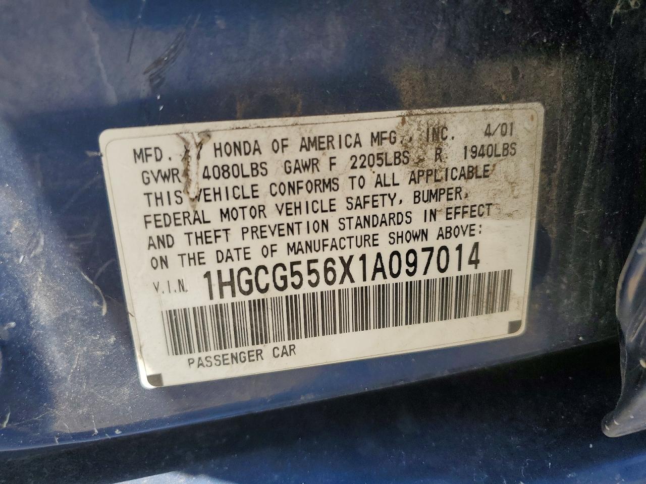 2001 Honda Accord Ex Blue vin: 1HGCG556X1A097014