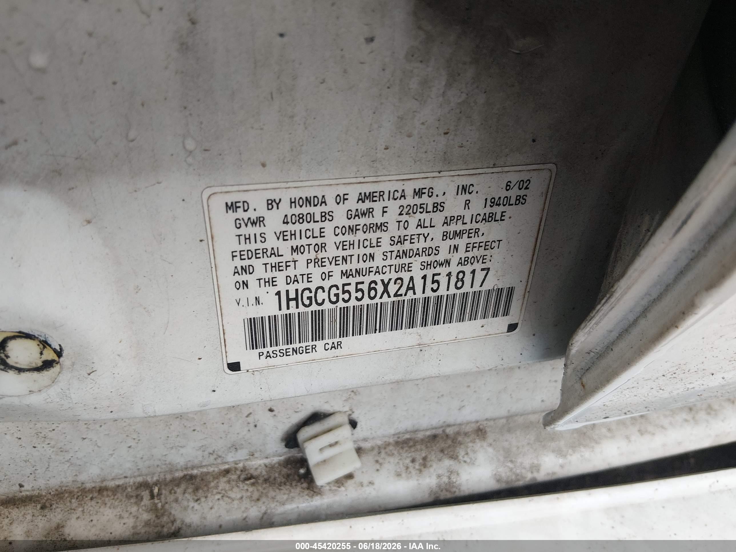 2002 Honda Accord 2.3 Ex White vin: 1HGCG556X2A151817