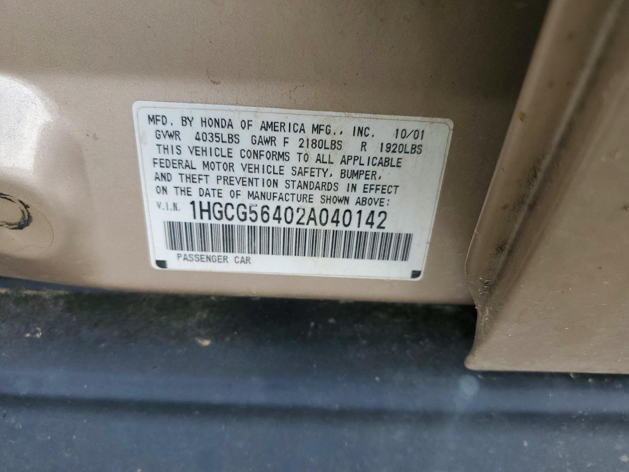 2002 Honda Accord Lx Tan vin: 1HGCG56402A040142