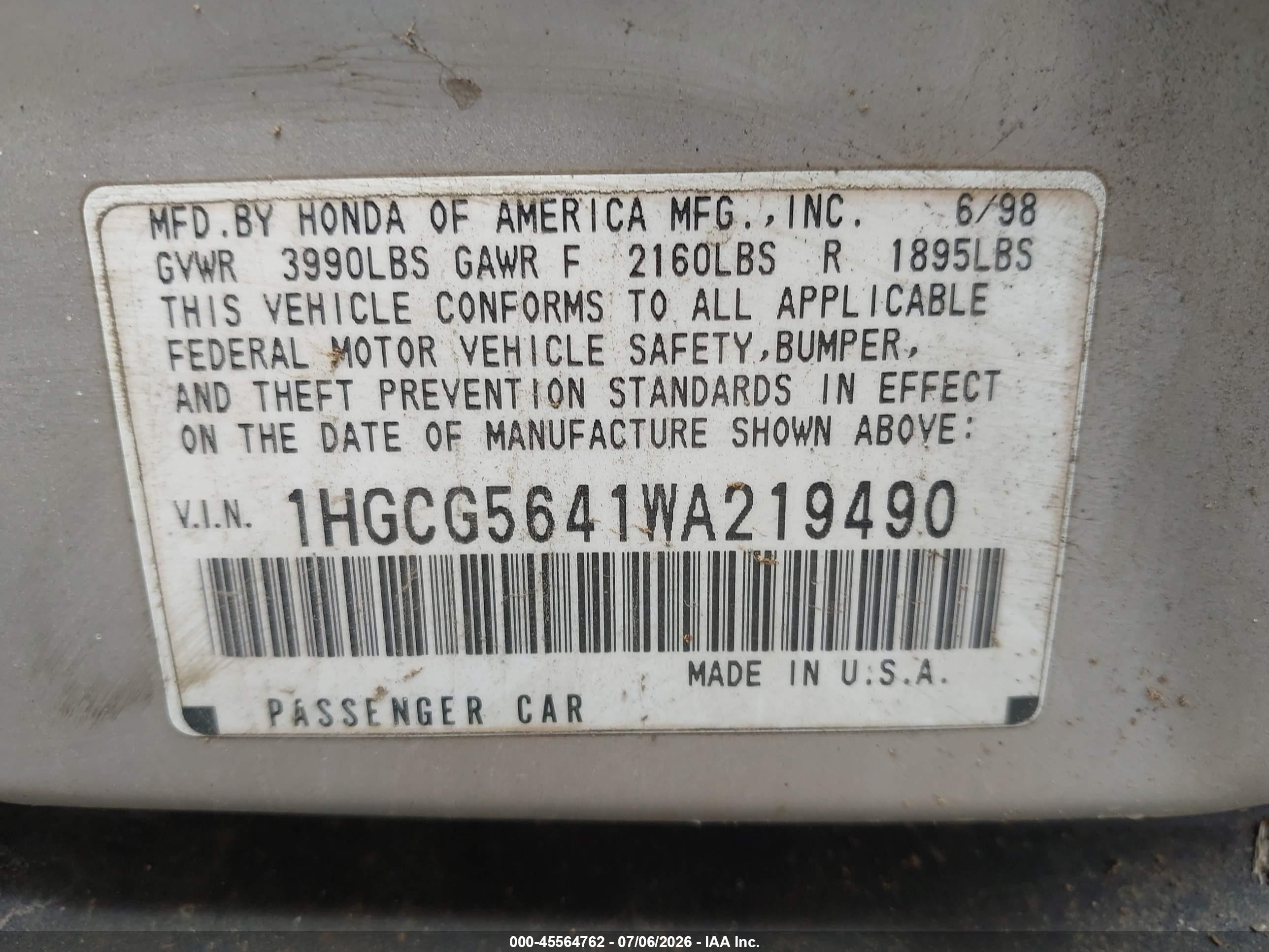 1998 Honda Accord Lx Silver vin: 1HGCG5641WA219490