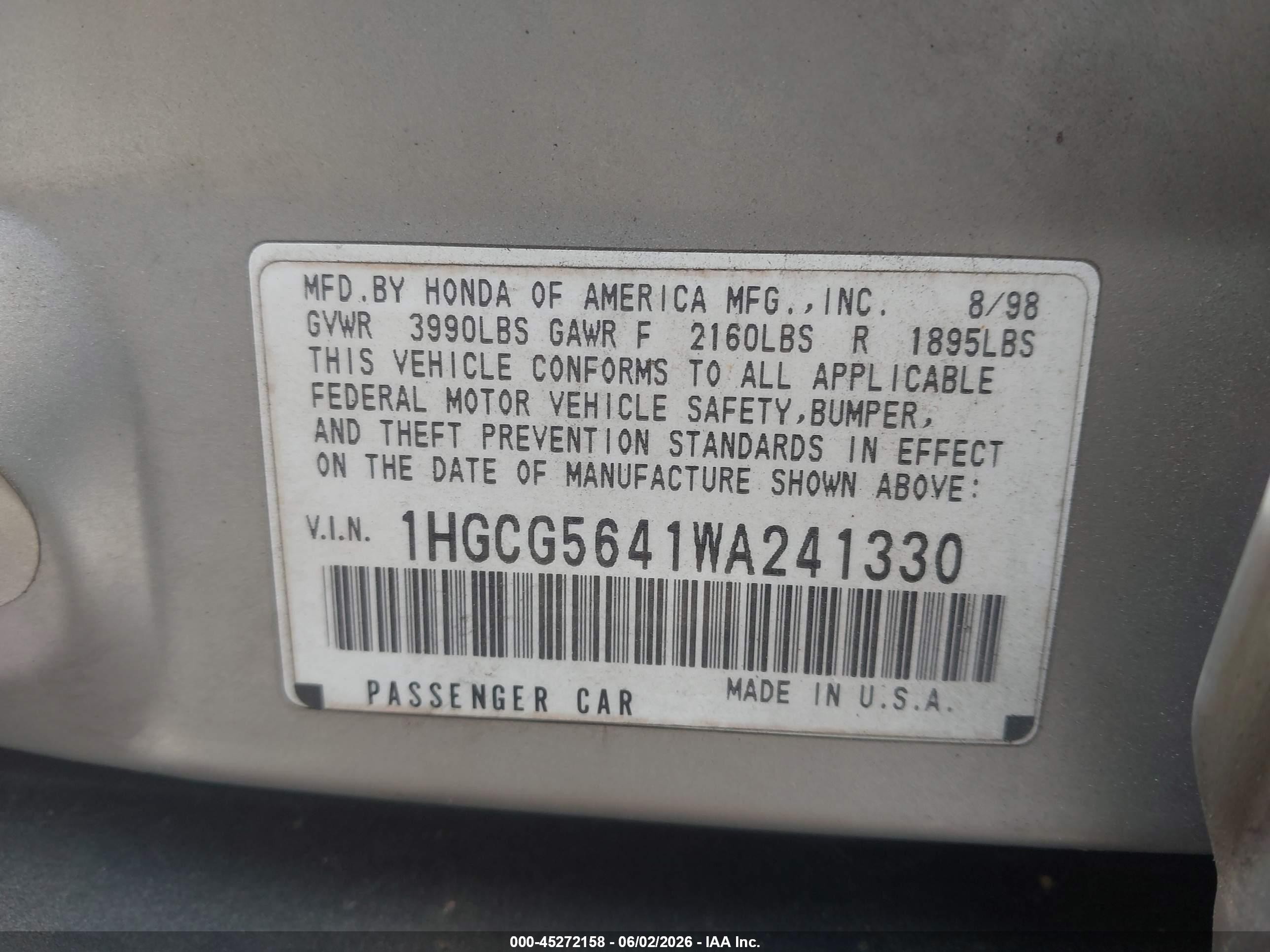 1998 Honda Accord Lx Champagne vin: 1HGCG5641WA241330