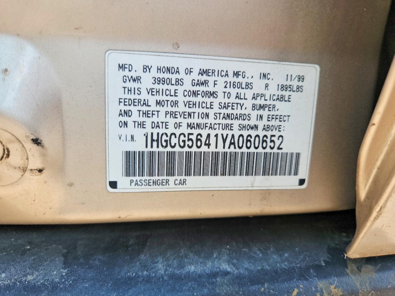 2000 Honda Accord Lx Gold vin: 1HGCG5641YA060652
