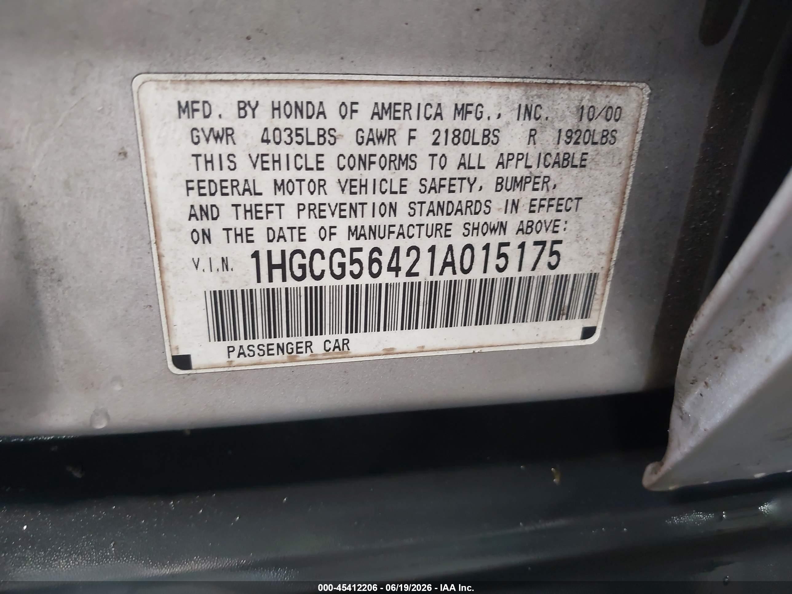 2001 Honda Accord 2.3 Lx Серый vin: 1HGCG56421A015175