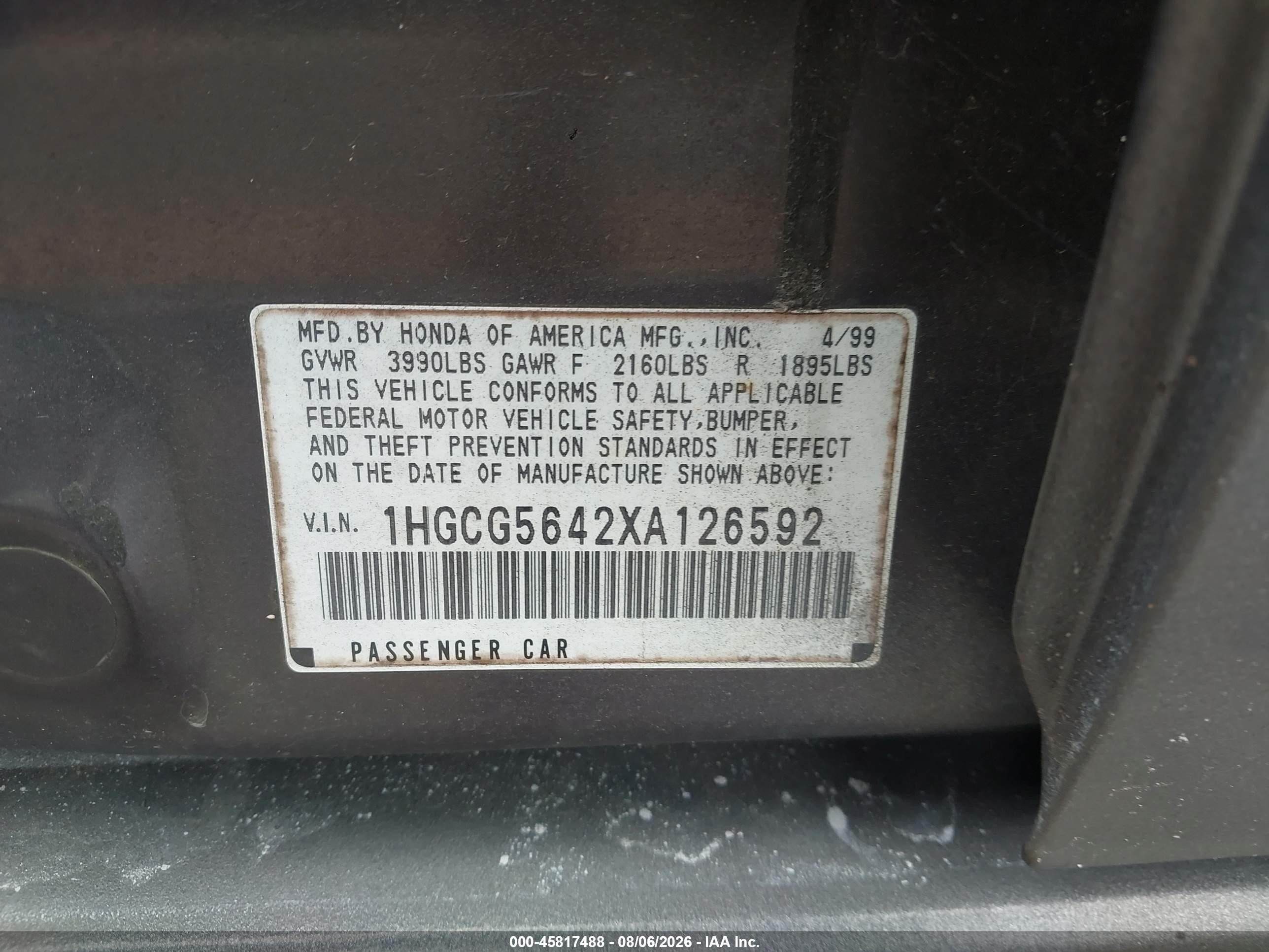 1999 Honda Accord Lx Gray vin: 1HGCG5642XA126592