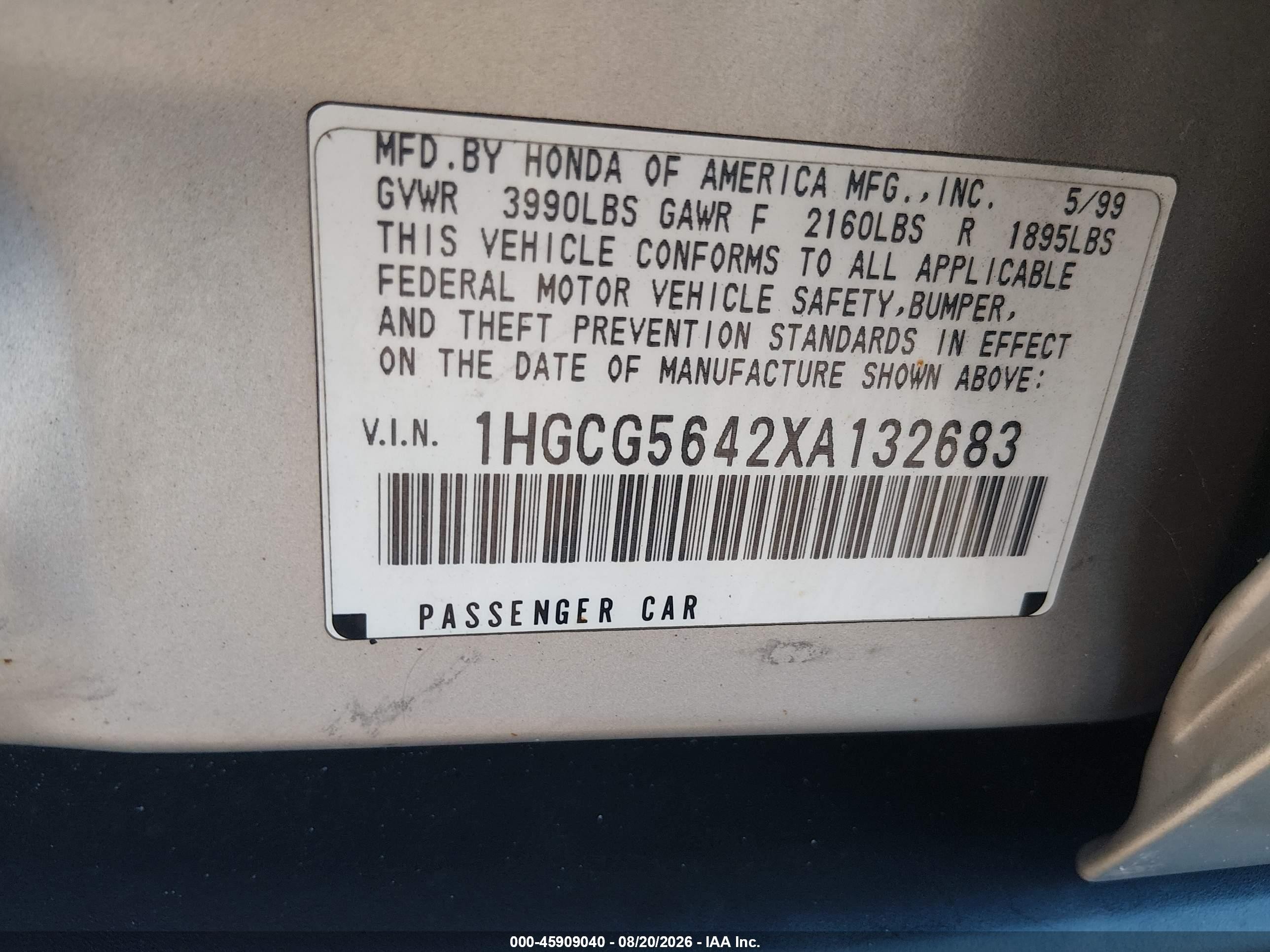 1999 Honda Accord Lx Серебряный vin: 1HGCG5642XA132683