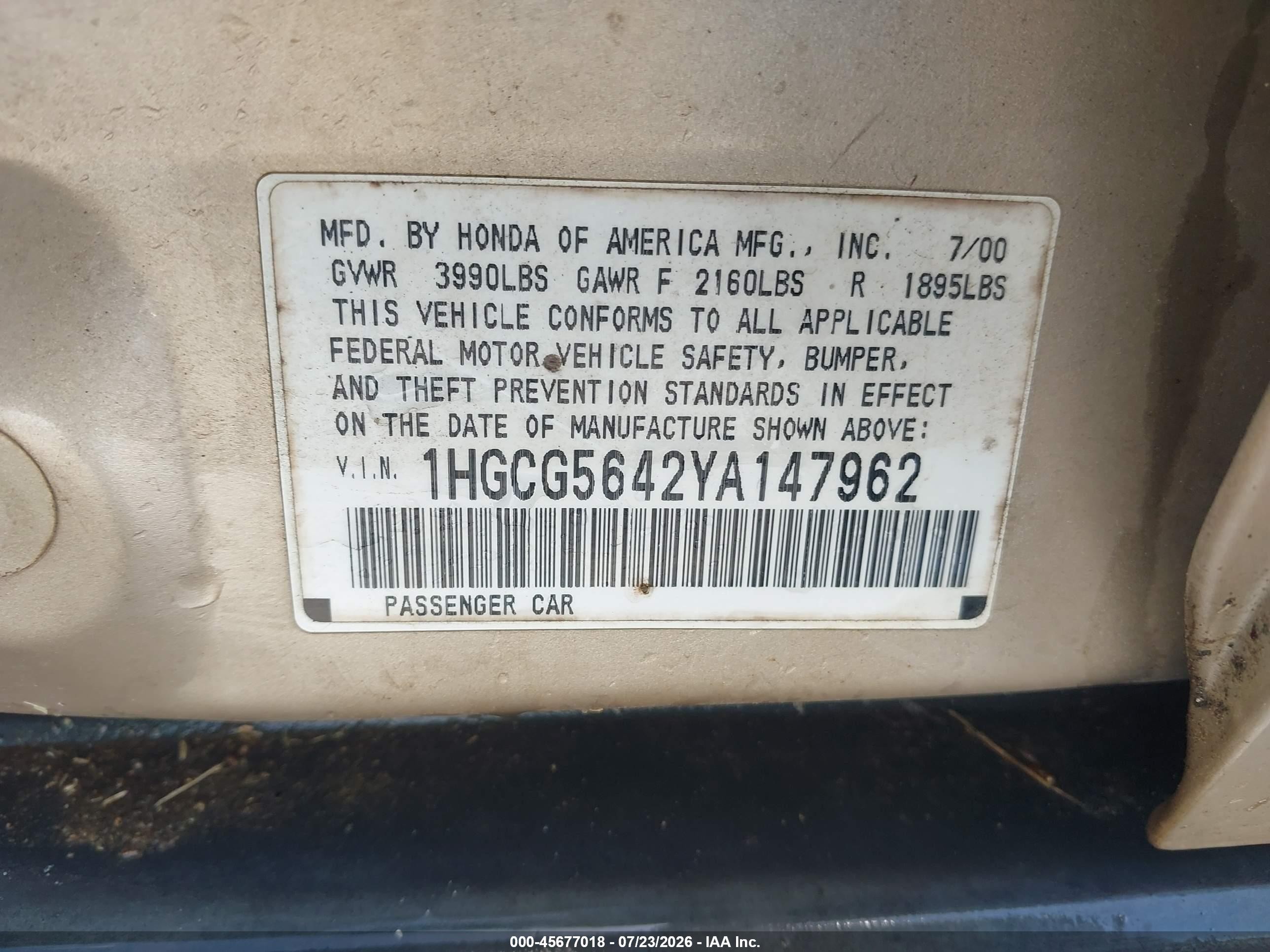 2000 Honda Accord 2.3 Lx Tan vin: 1HGCG5642YA147962