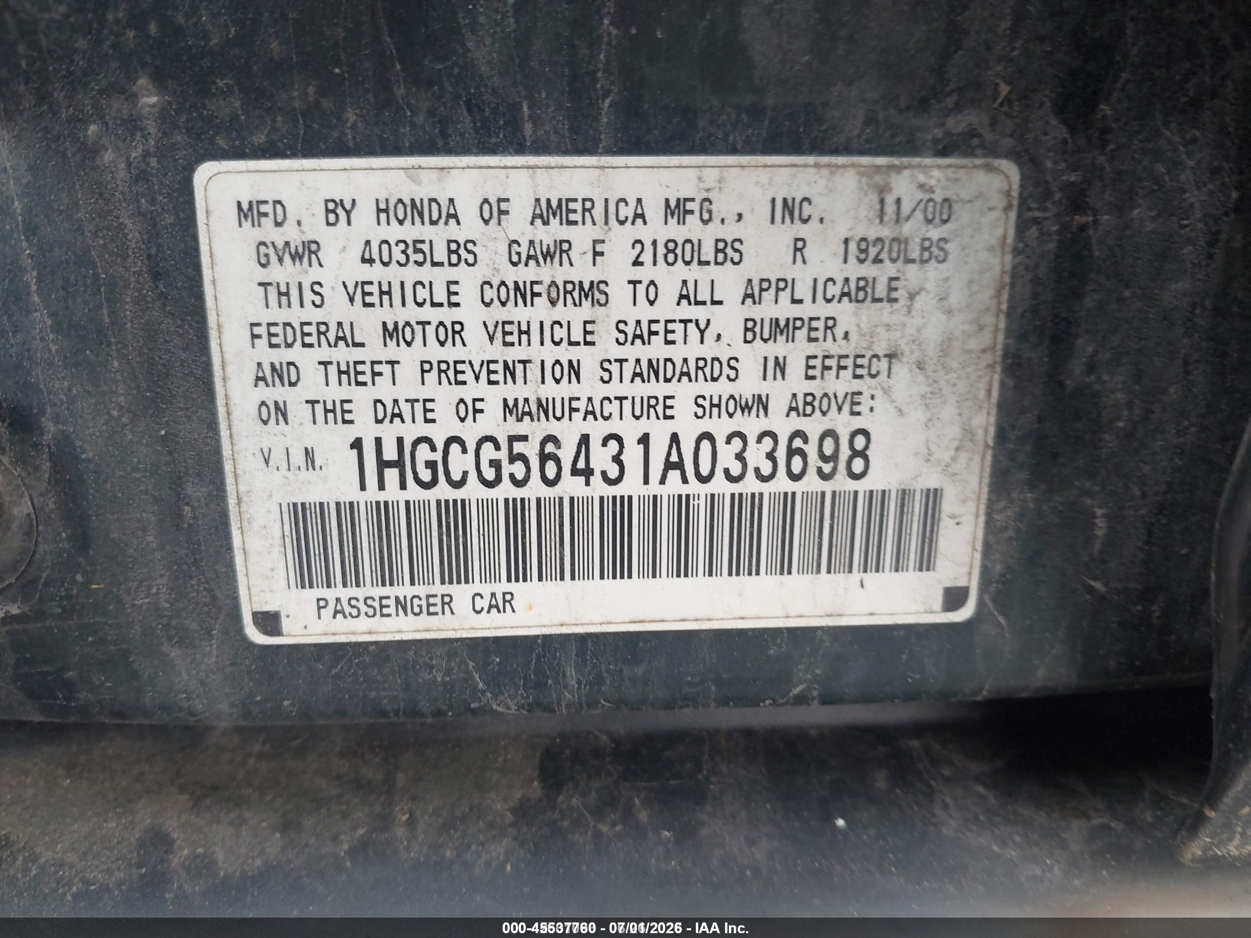 2001 Honda Accord 2.3 Lx Green vin: 1HGCG56431A033698