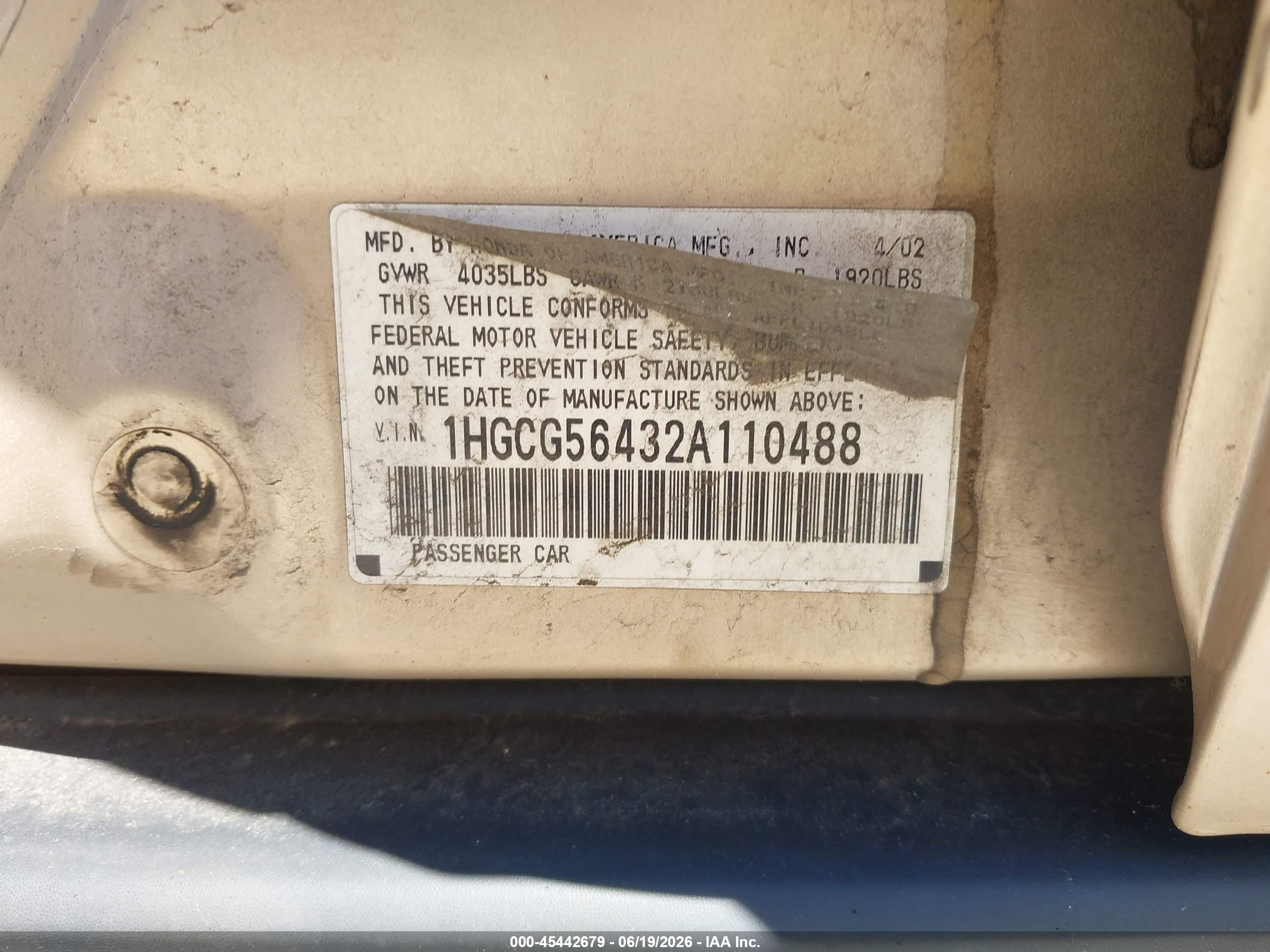 2002 Honda Accord 2.3 Lx Желто-коричневый vin: 1HGCG56432A110488