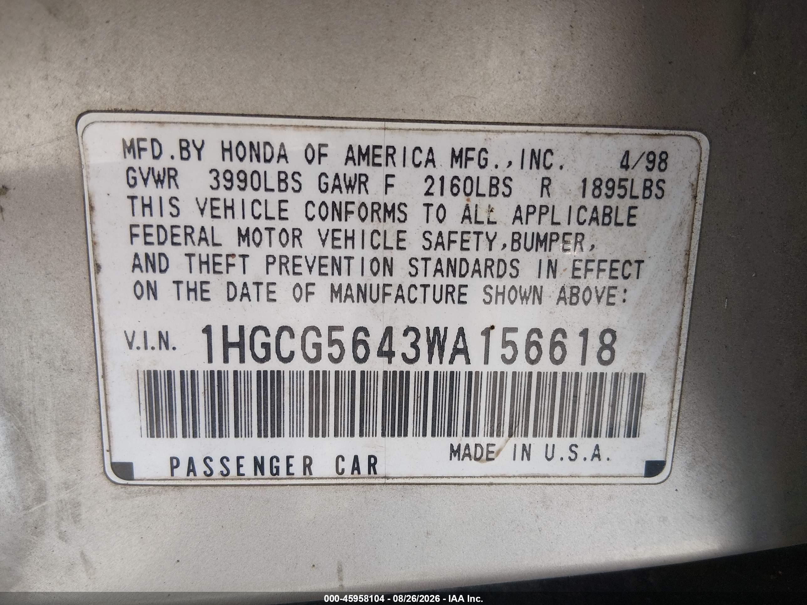1998 Honda Accord Lx Silver vin: 1HGCG5643WA156618