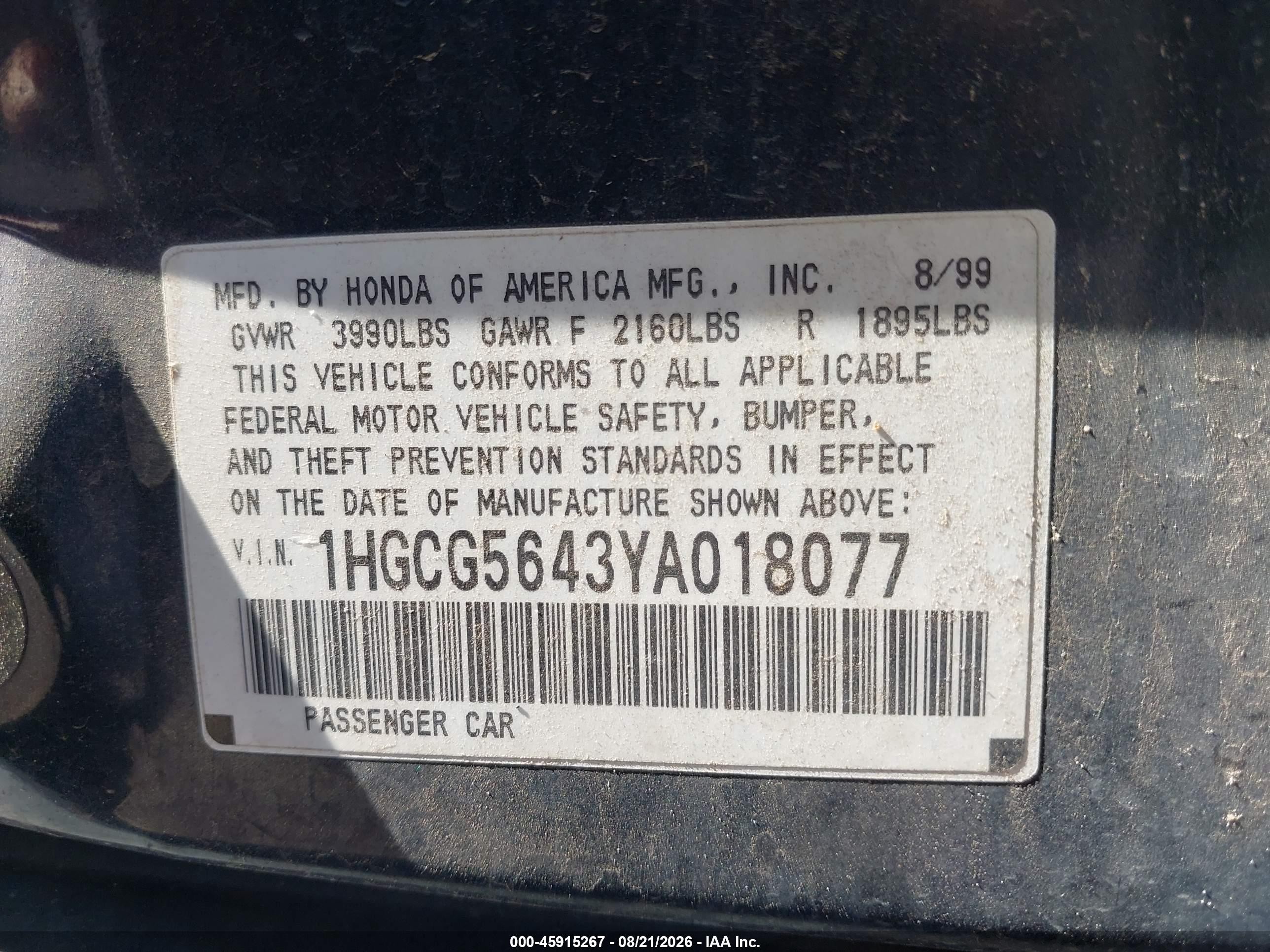 2000 Honda Accord 2.3 Lx Dark Blue vin: 1HGCG5643YA018077