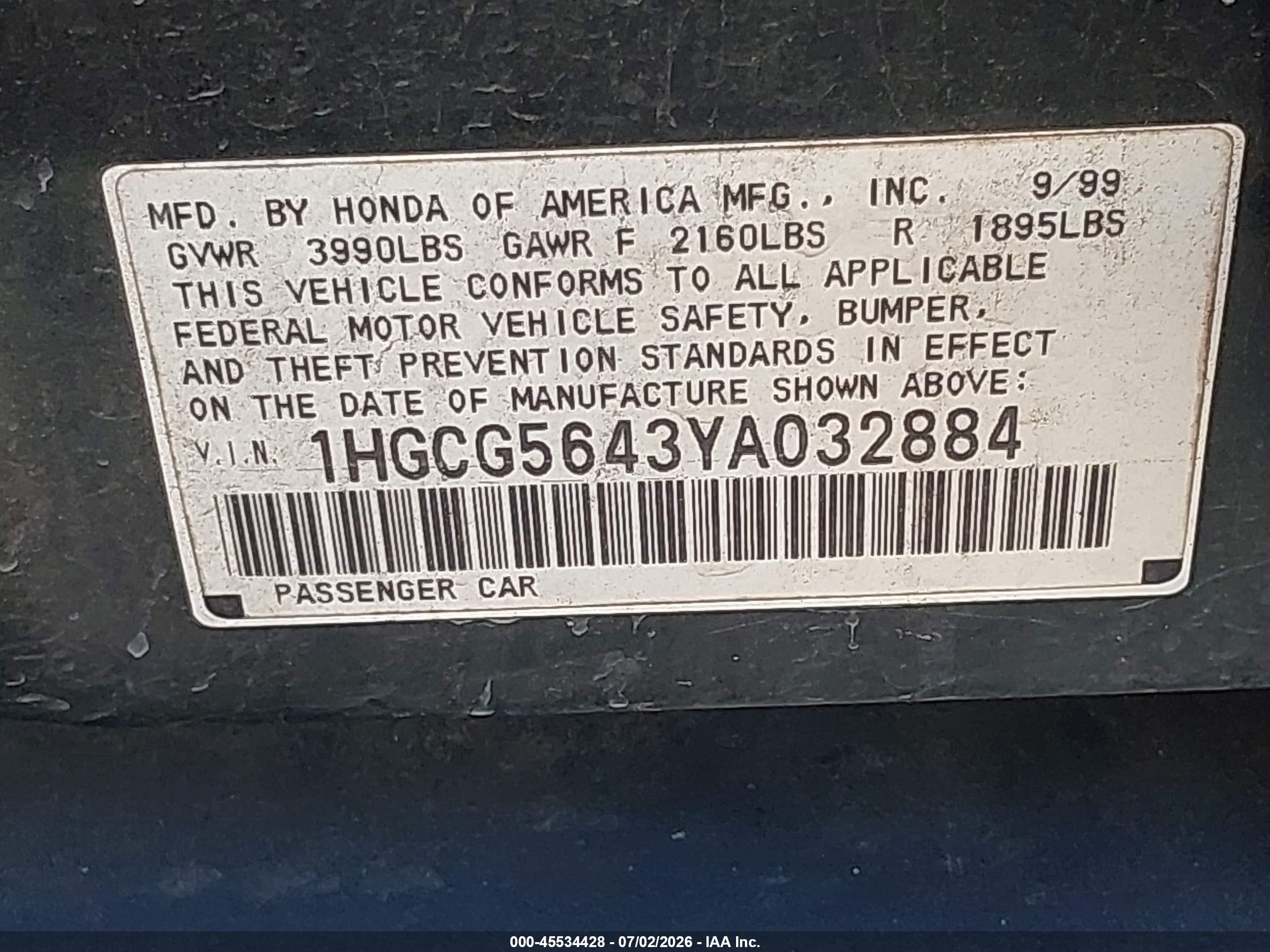 2000 Honda Accord 2.3 Lx Зеленый vin: 1HGCG5643YA032884