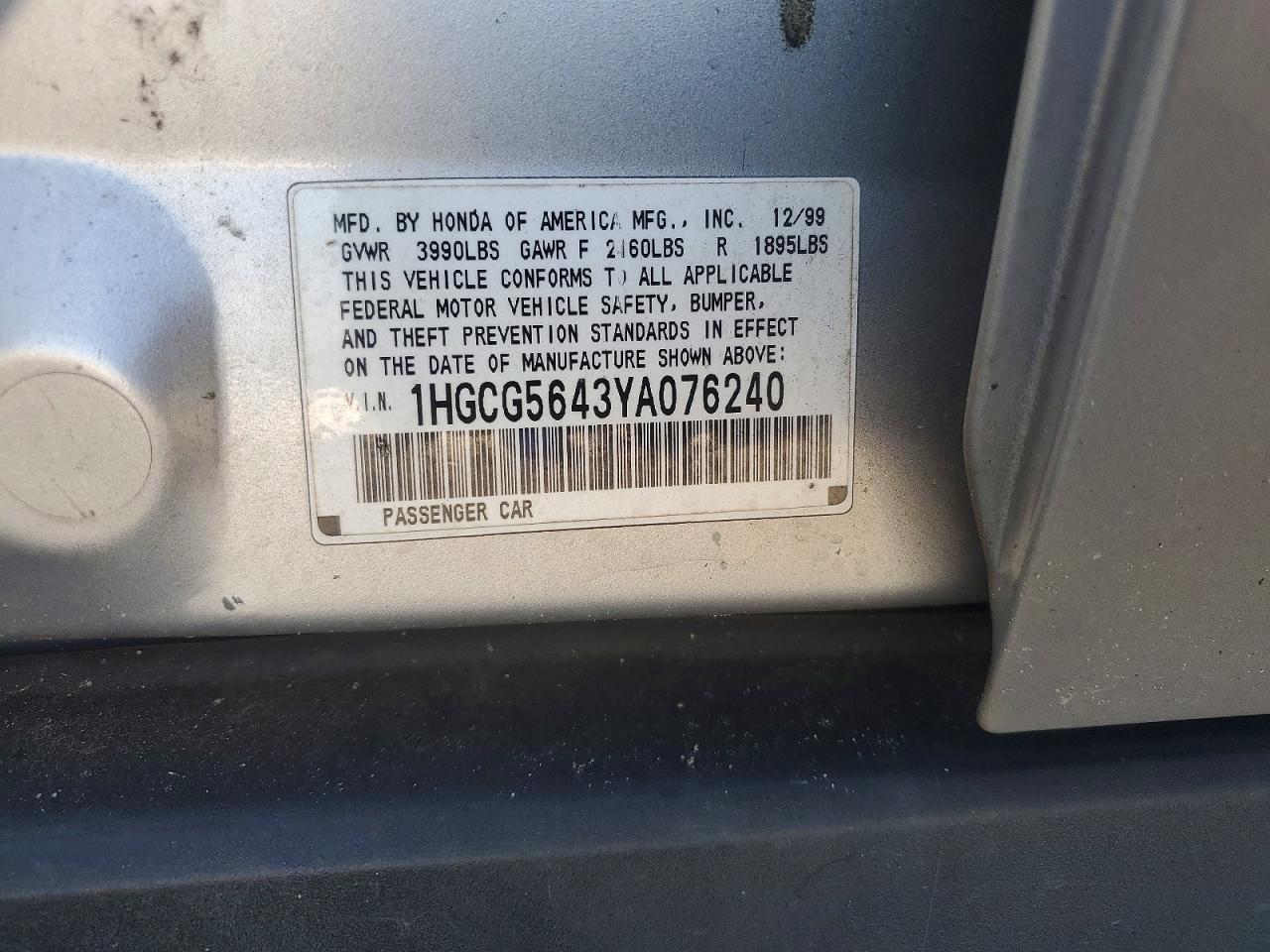 2000 Honda Accord Lx Серебряный vin: 1HGCG5643YA076240