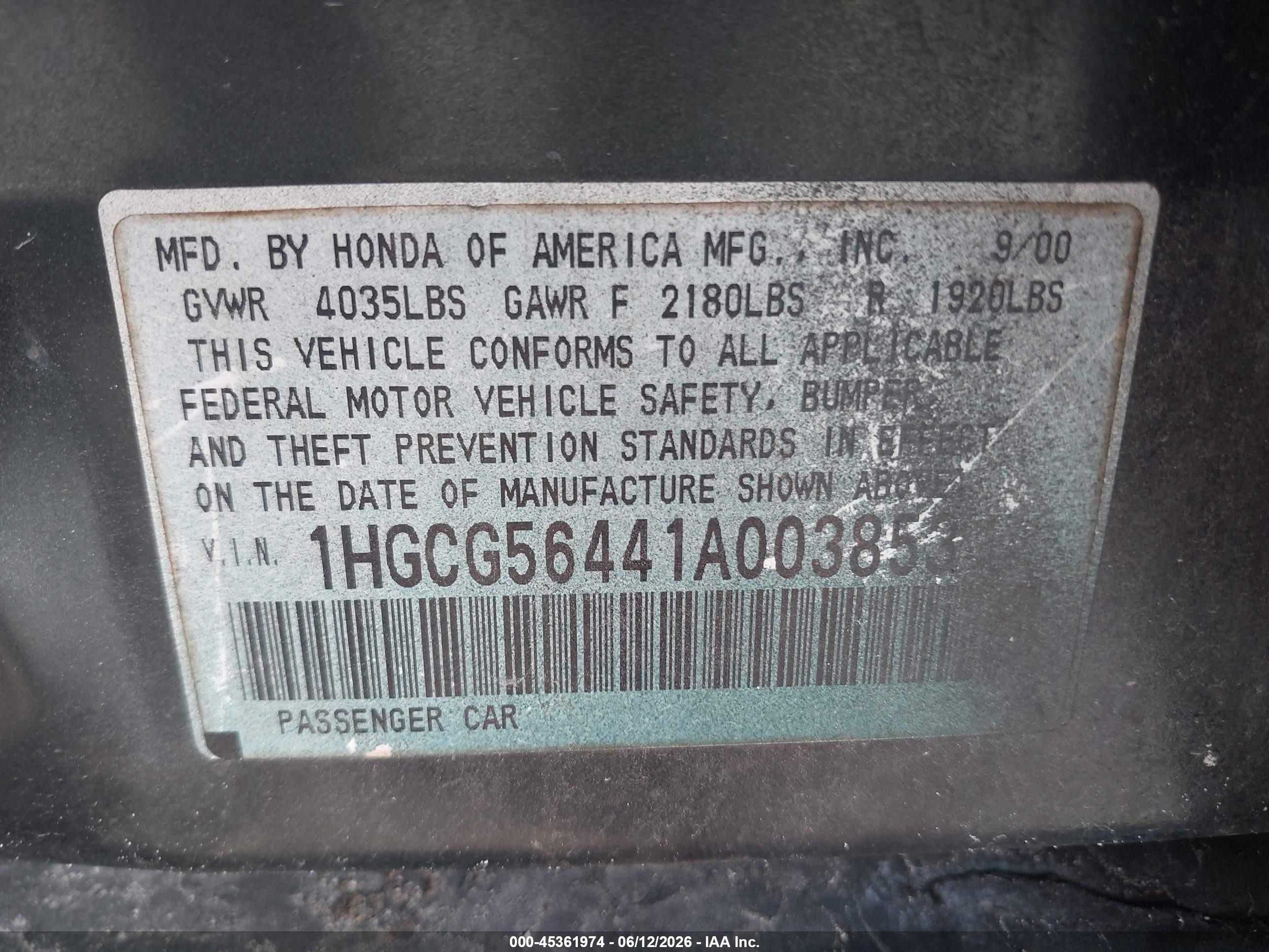 2001 Honda Accord 2.3 Lx Green vin: 1HGCG56441A003853