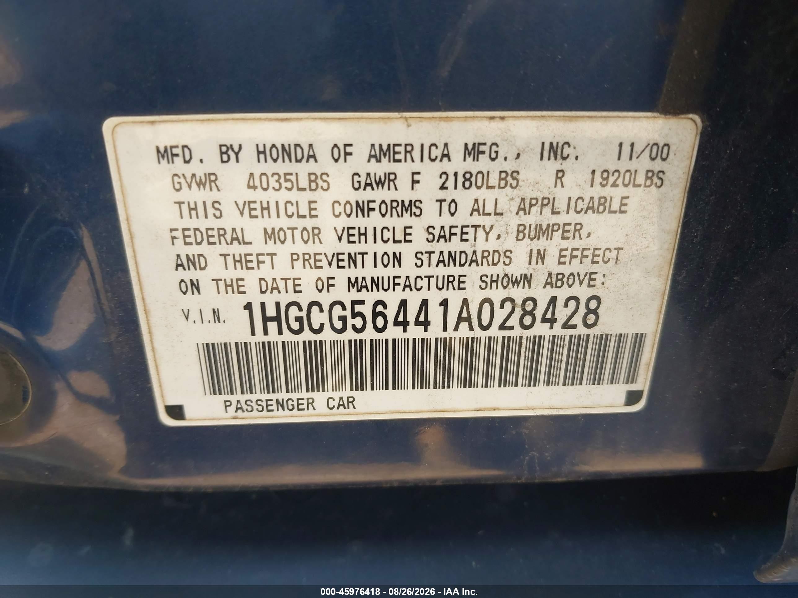 2001 Honda Accord 2.3 Lx Blue vin: 1HGCG56441A028428