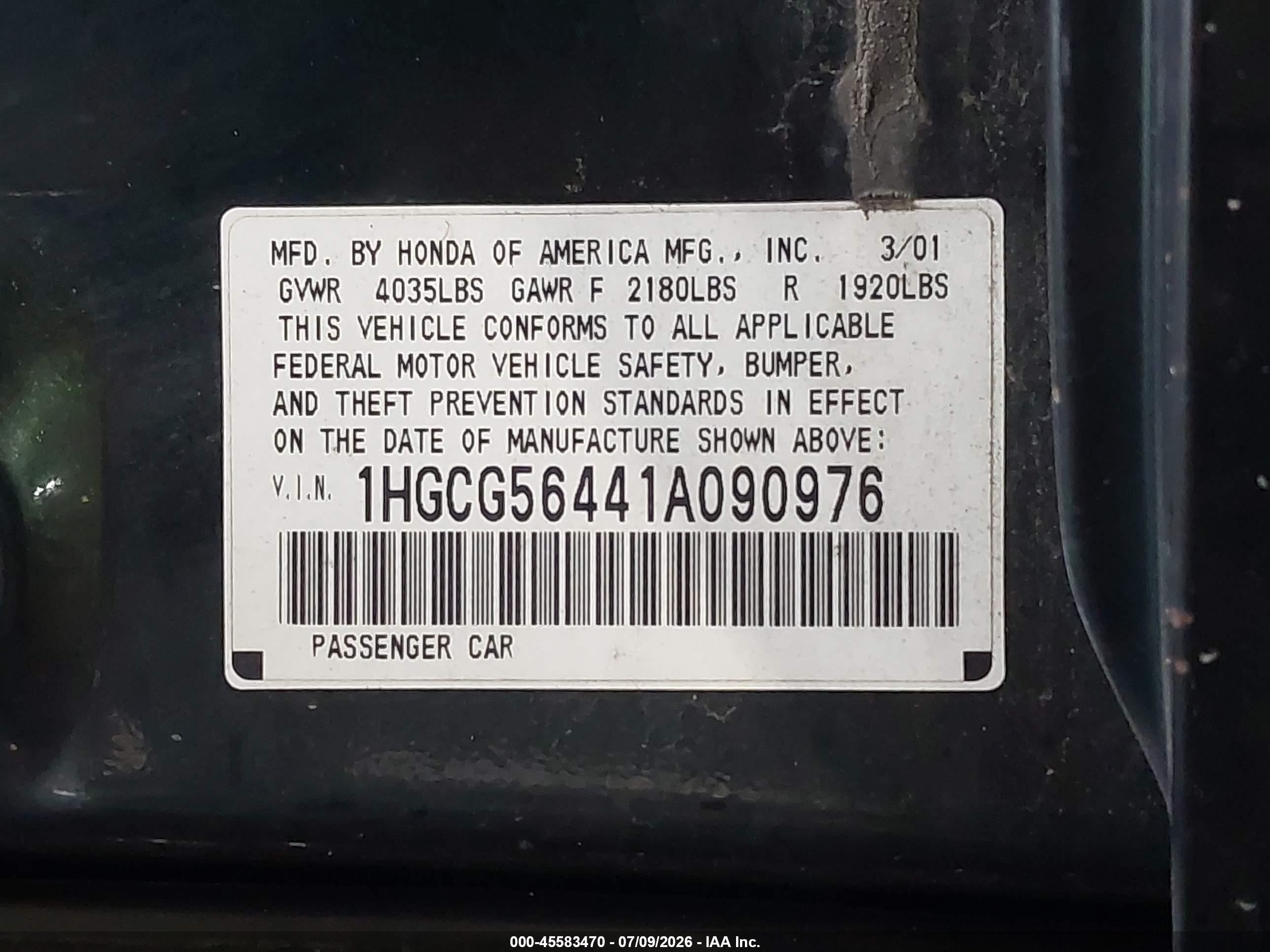 2001 Honda Accord 2.3 Lx Green vin: 1HGCG56441A090976