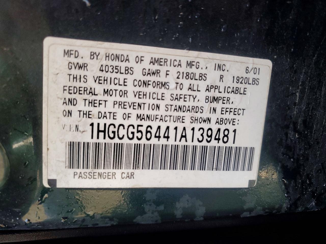 2001 Honda Accord Lx Green vin: 1HGCG56441A139481