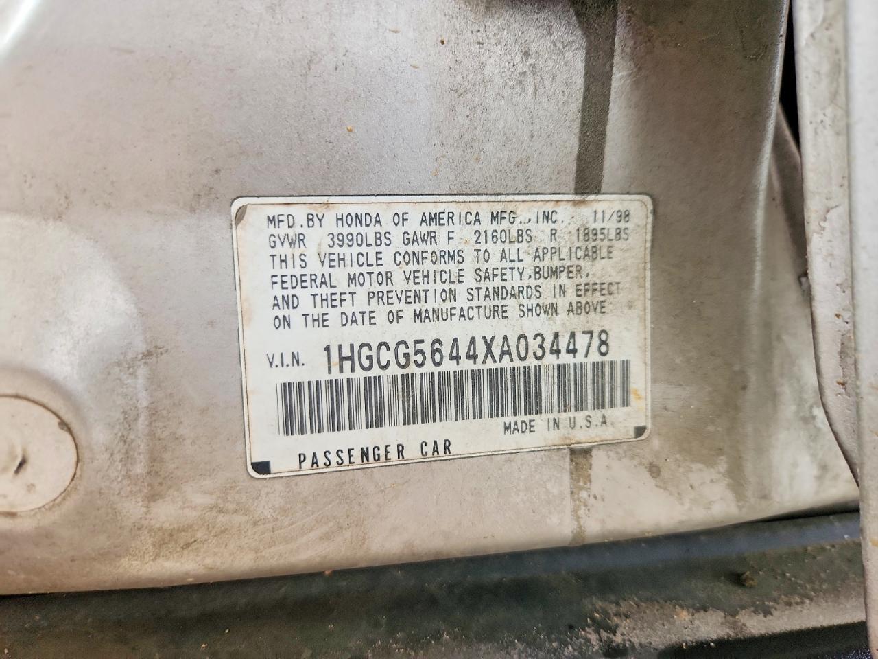 1999 Honda Accord Lx Gray vin: 1HGCG5644XA034478