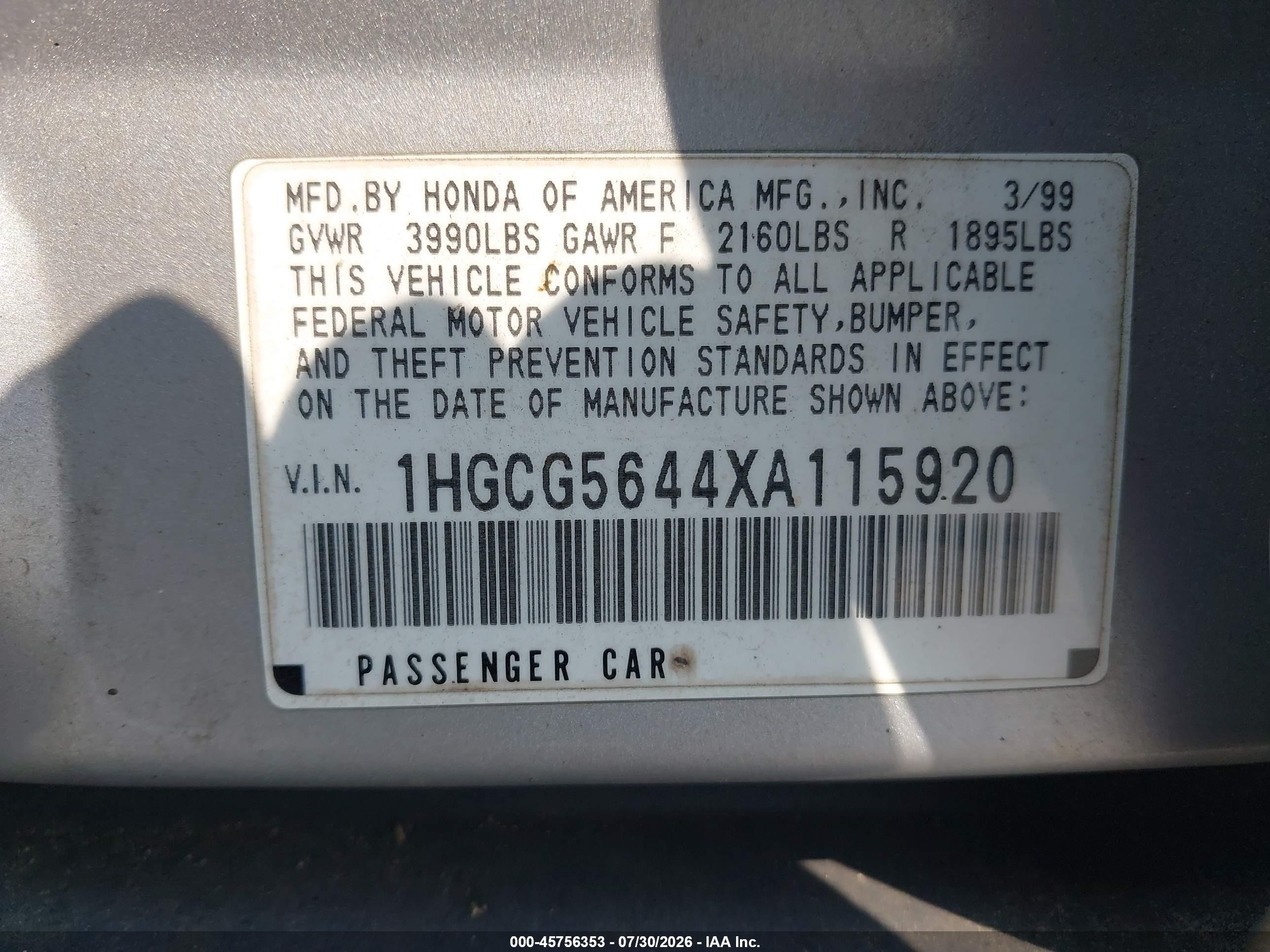 1999 Honda Accord Lx Silver vin: 1HGCG5644XA115920
