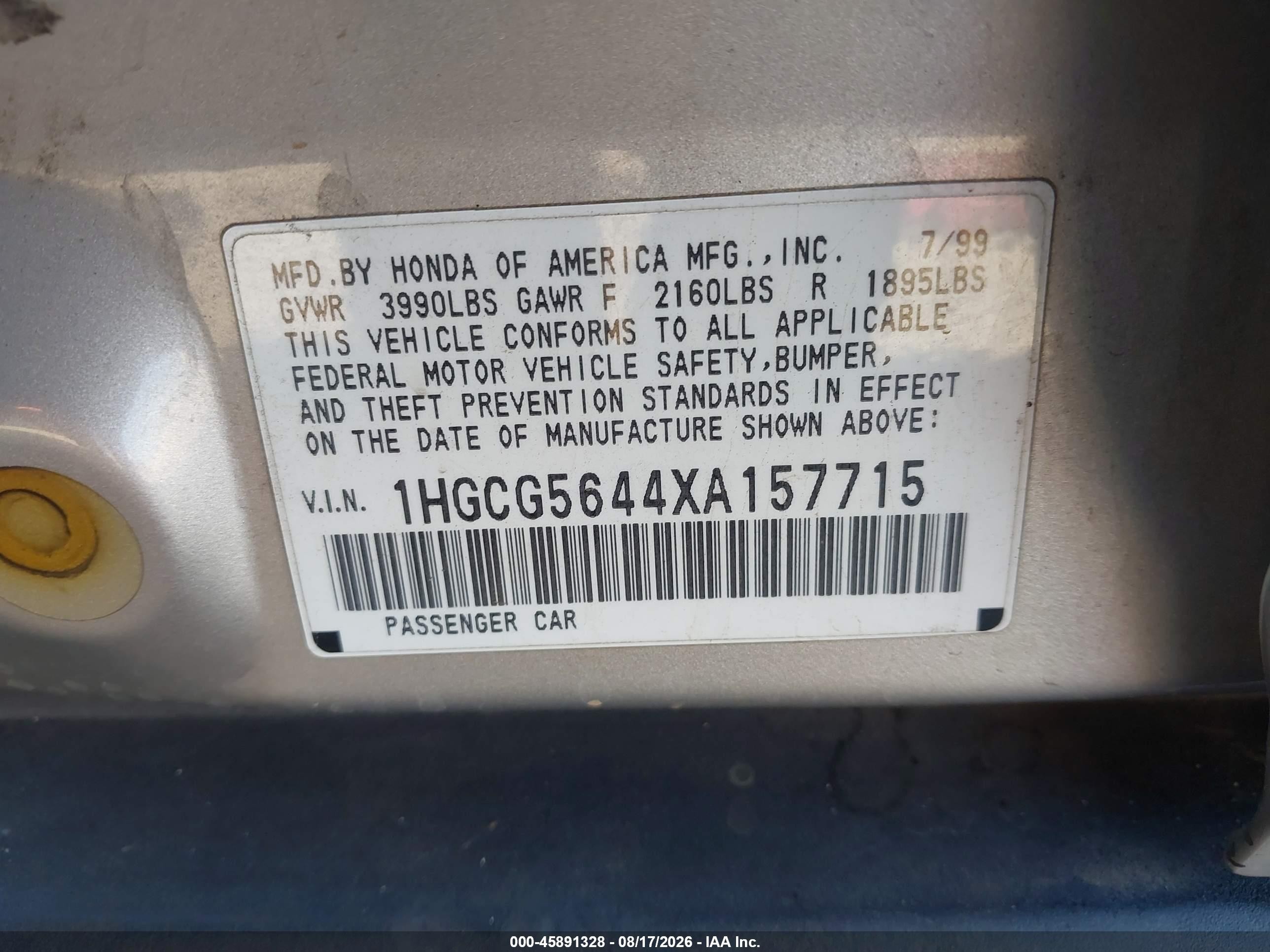 1999 Honda Accord Lx Серебряный vin: 1HGCG5644XA157715