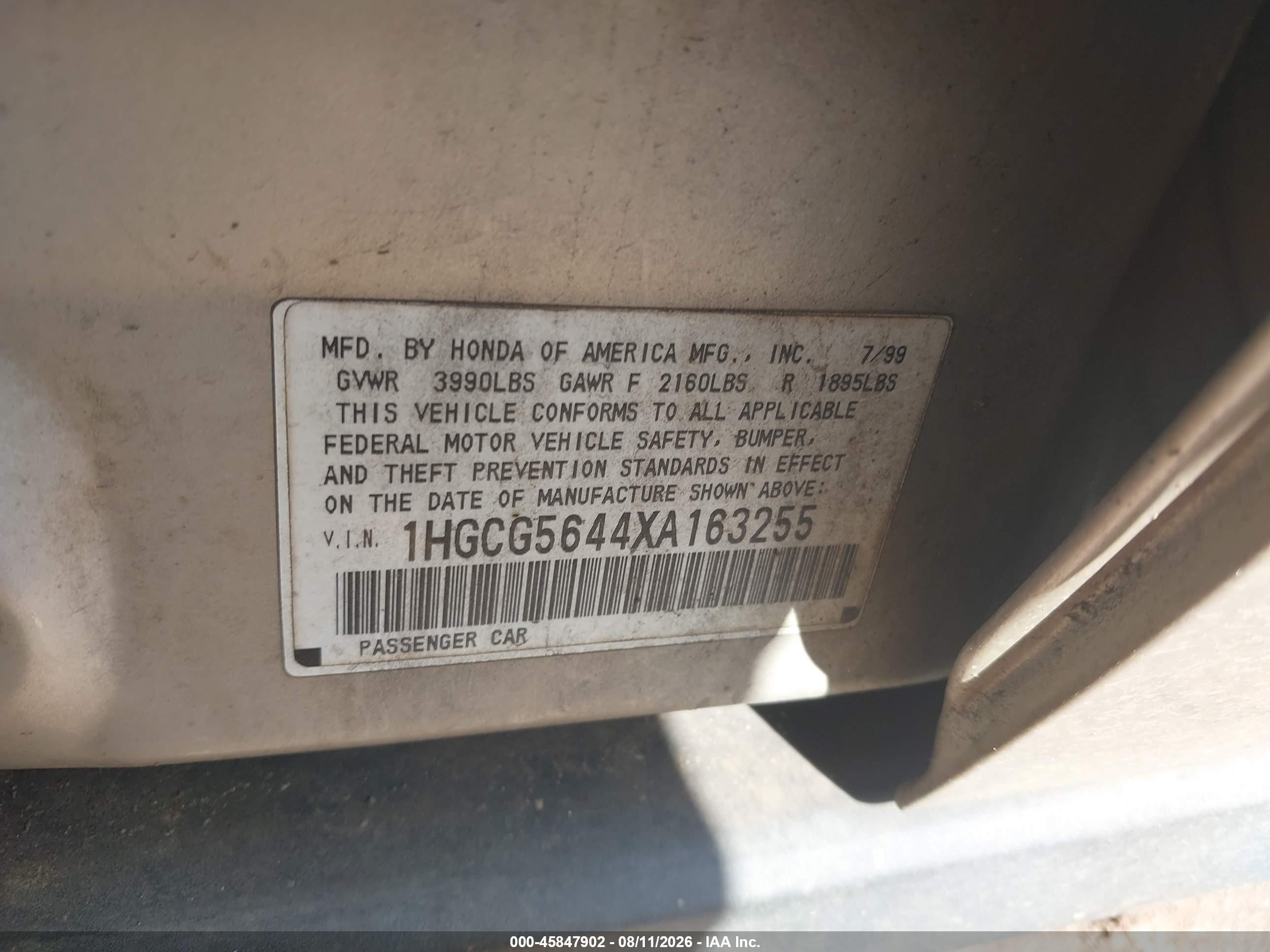 1999 Honda Accord Lx Желто-коричневый vin: 1HGCG5644XA163255