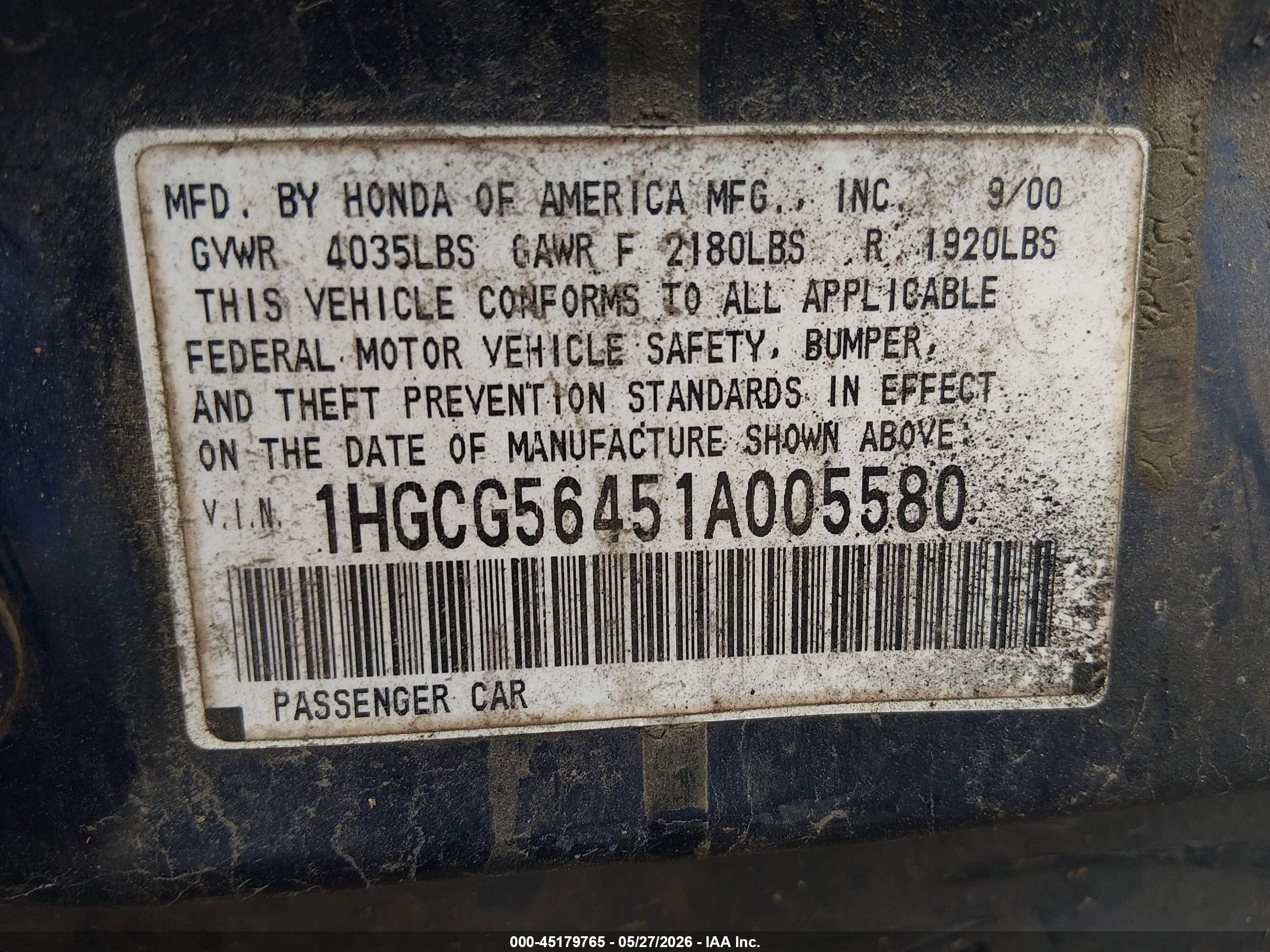 2001 Honda Accord 2.3 Lx Серый vin: 1HGCG56451A005580