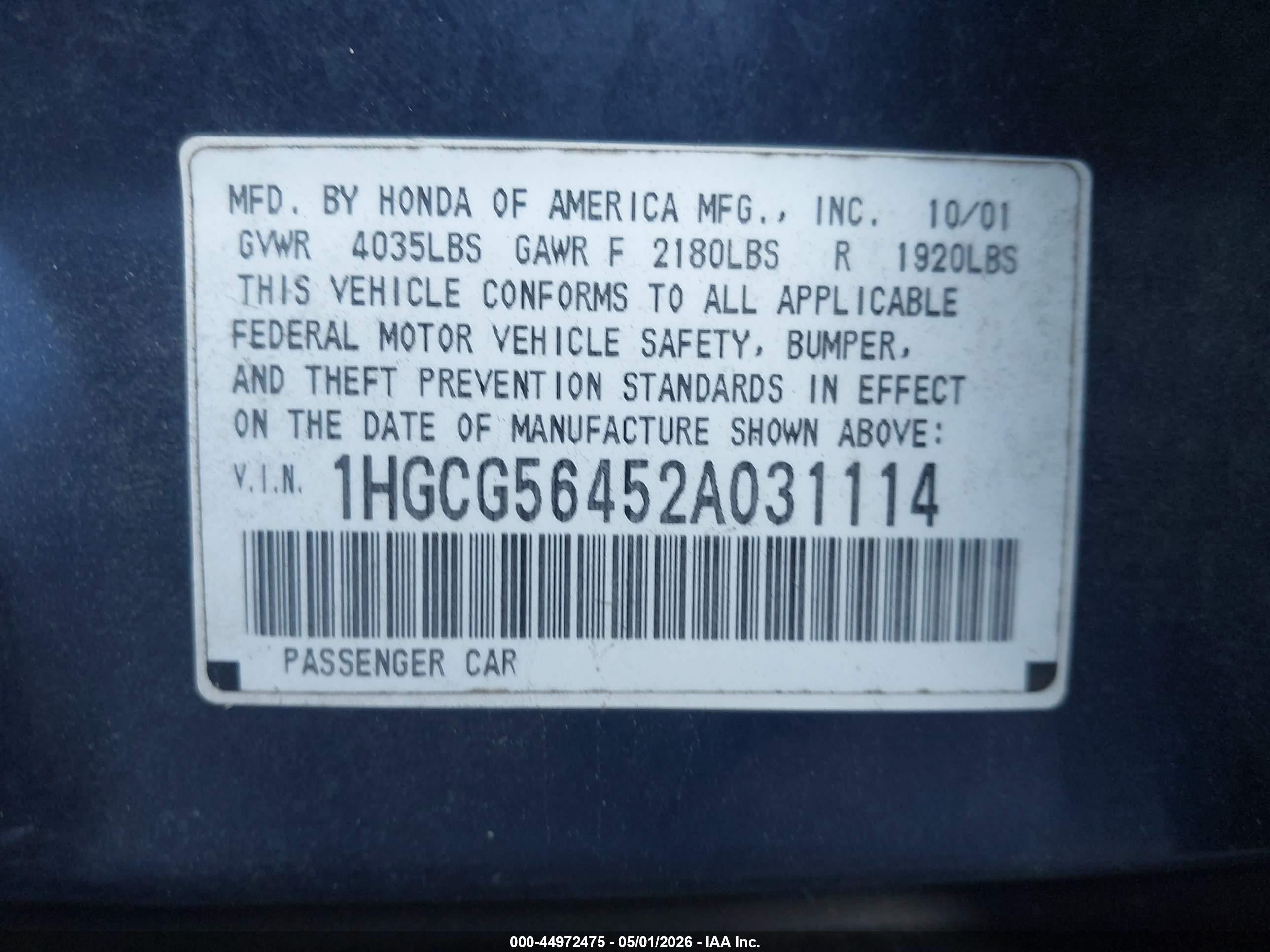 2002 Honda Accord 2.3 Lx Blue vin: 1HGCG56452A031114