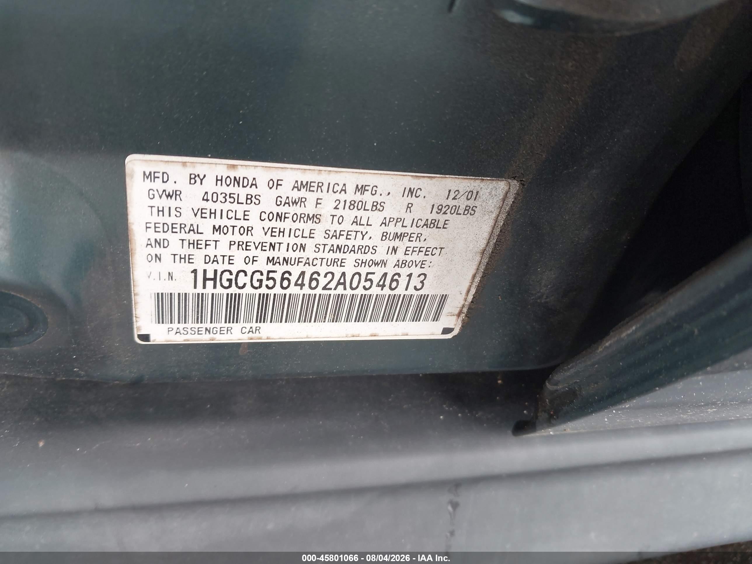 2002 Honda Accord 2.3 Lx Green vin: 1HGCG56462A054613