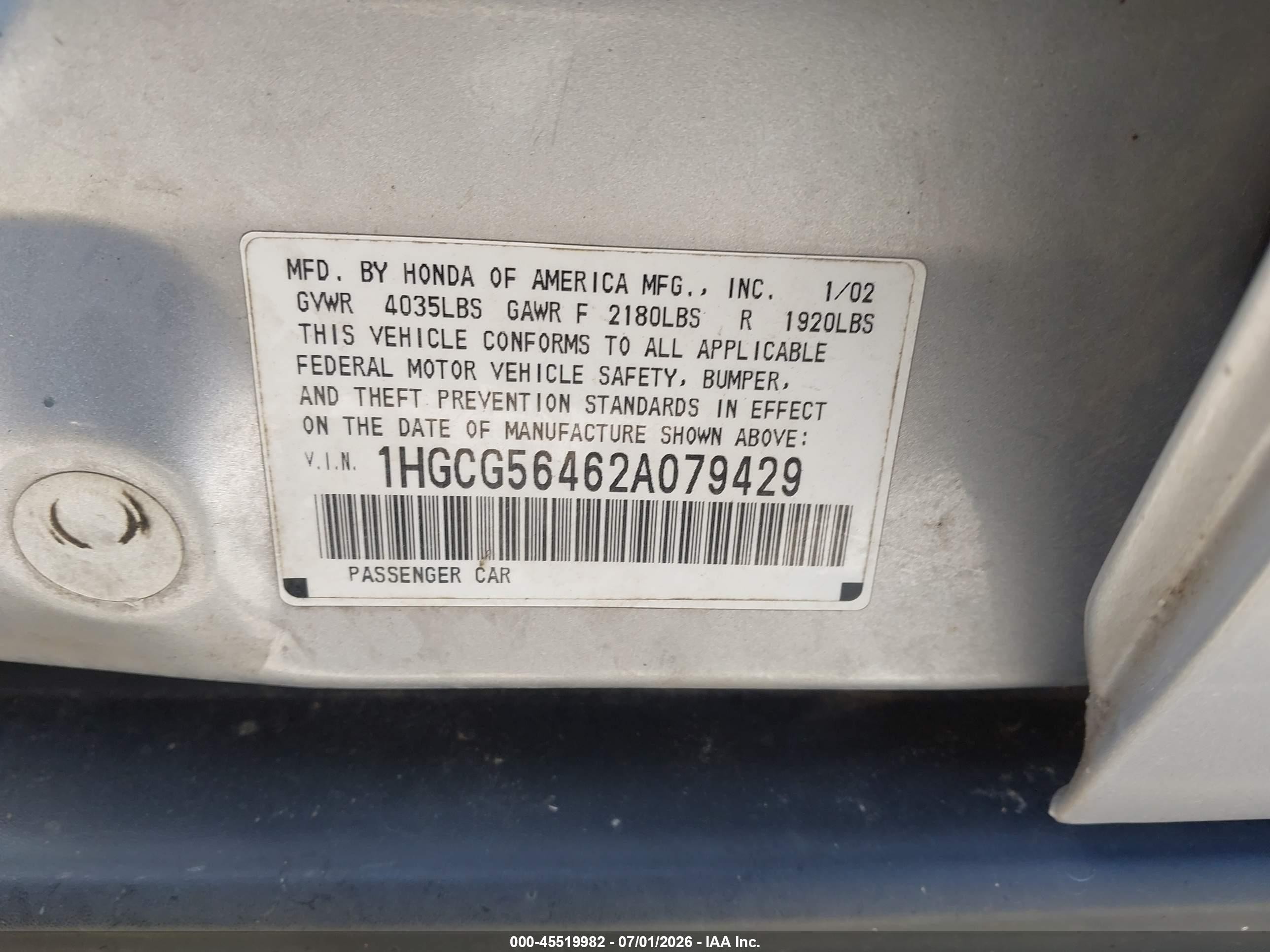 2002 Honda Accord Lx Silver vin: 1HGCG56462A079429
