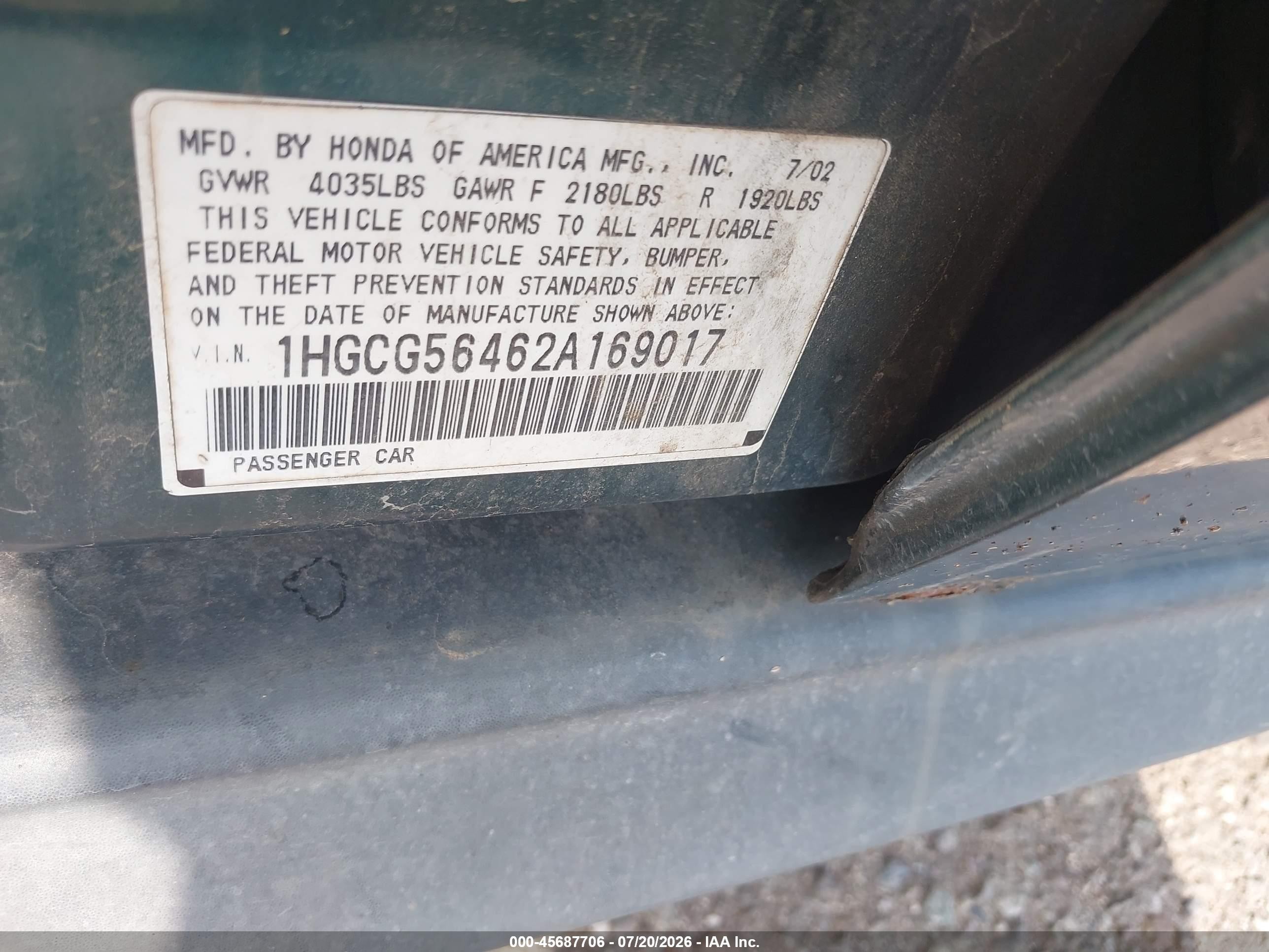 2002 Honda Accord 2.3 Lx Green vin: 1HGCG56462A169017