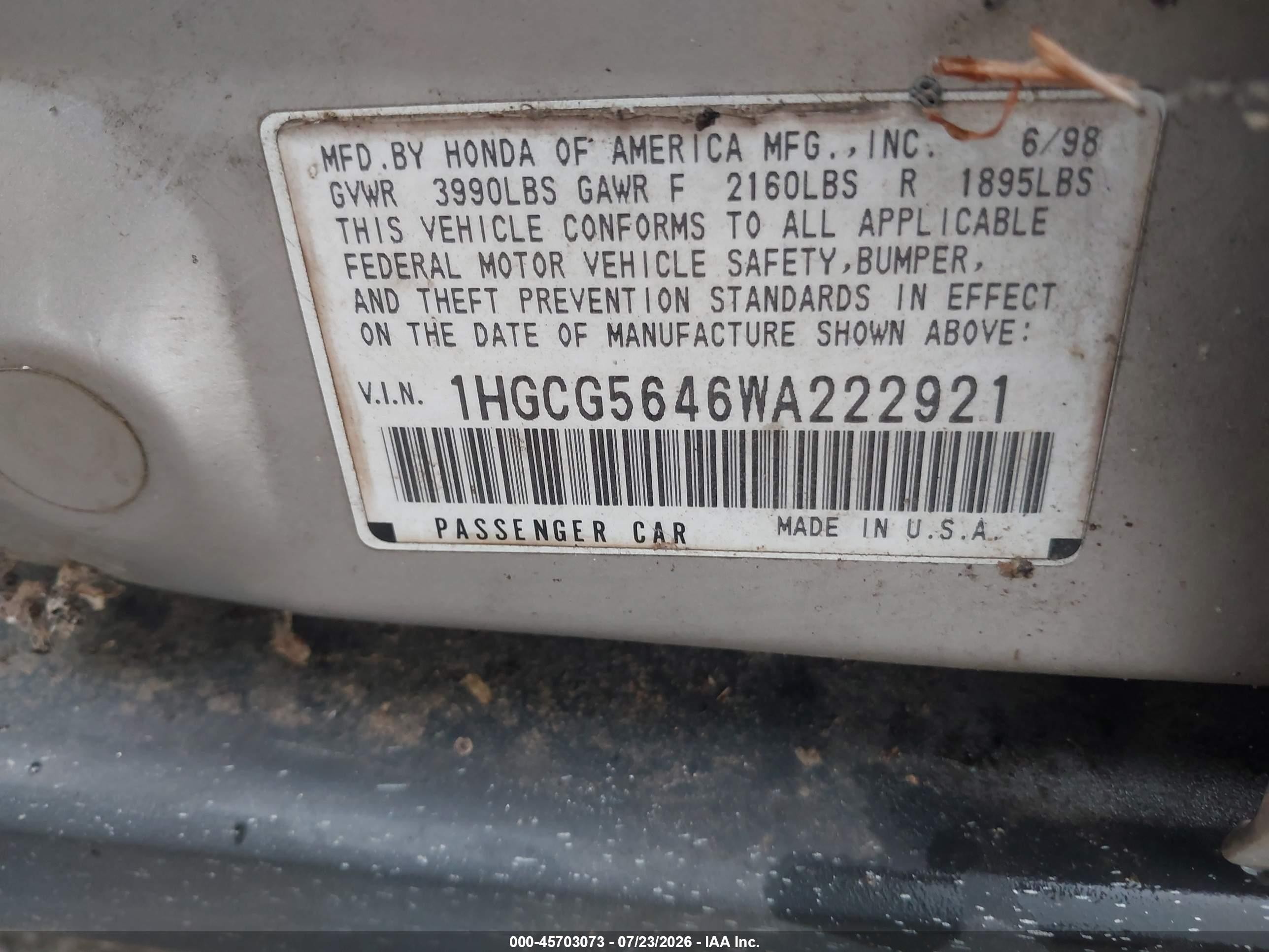1998 Honda Accord Lx Champagne vin: 1HGCG5646WA222921