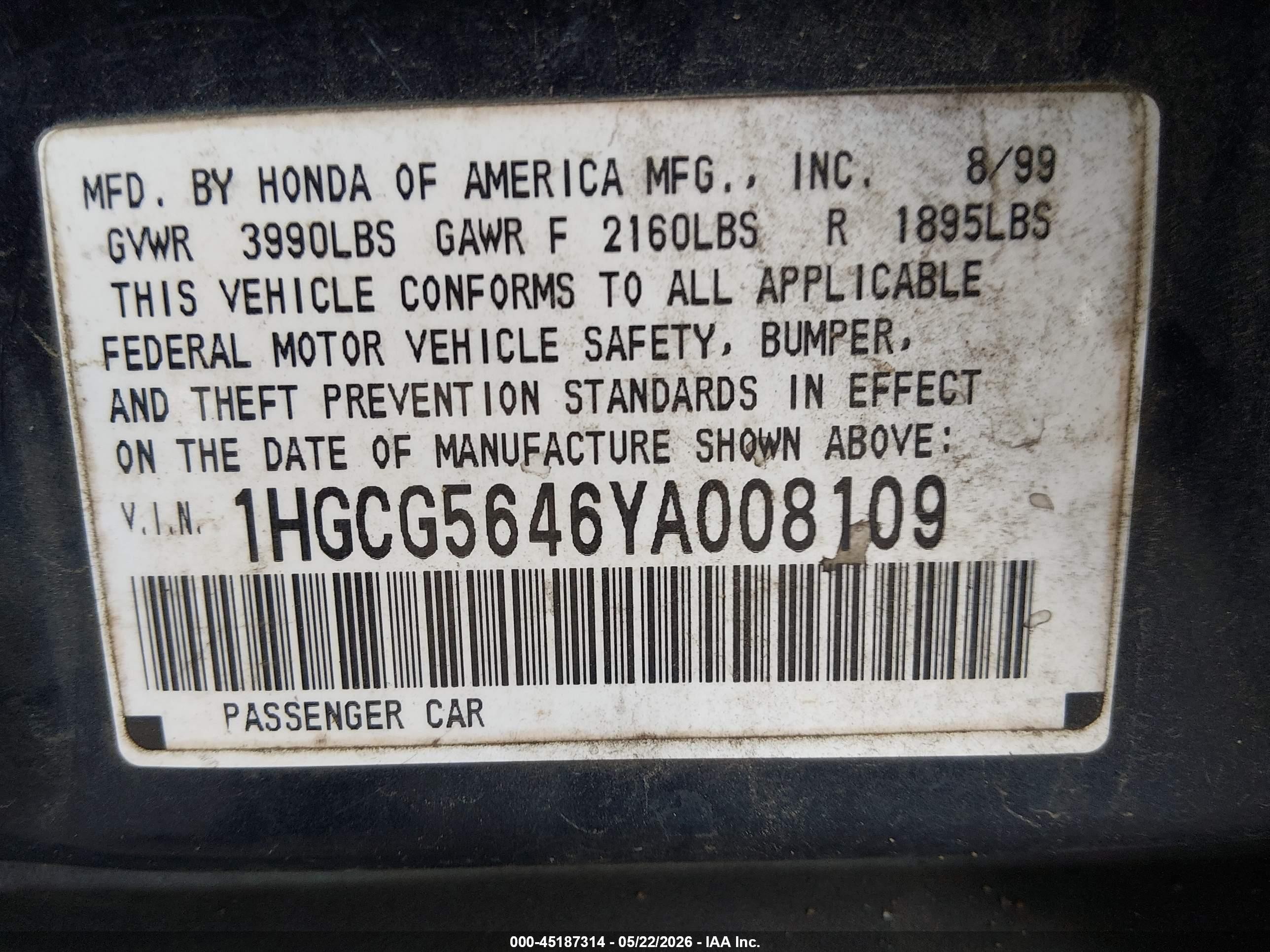 2000 Honda Accord 2.3 Lx Blue vin: 1HGCG5646YA008109