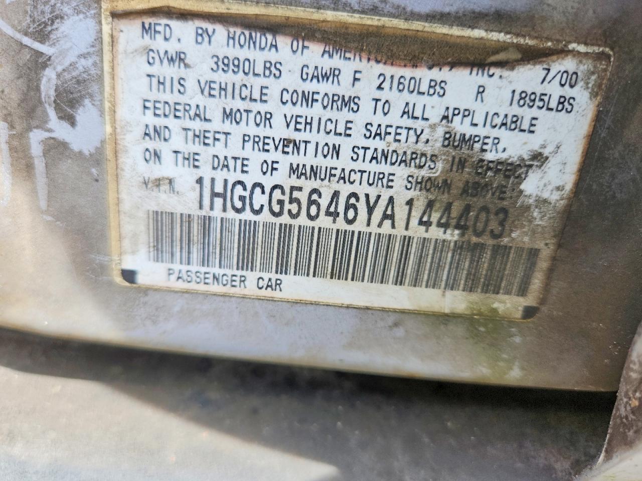 2000 Honda Accord Lx Gray vin: 1HGCG5646YA144403