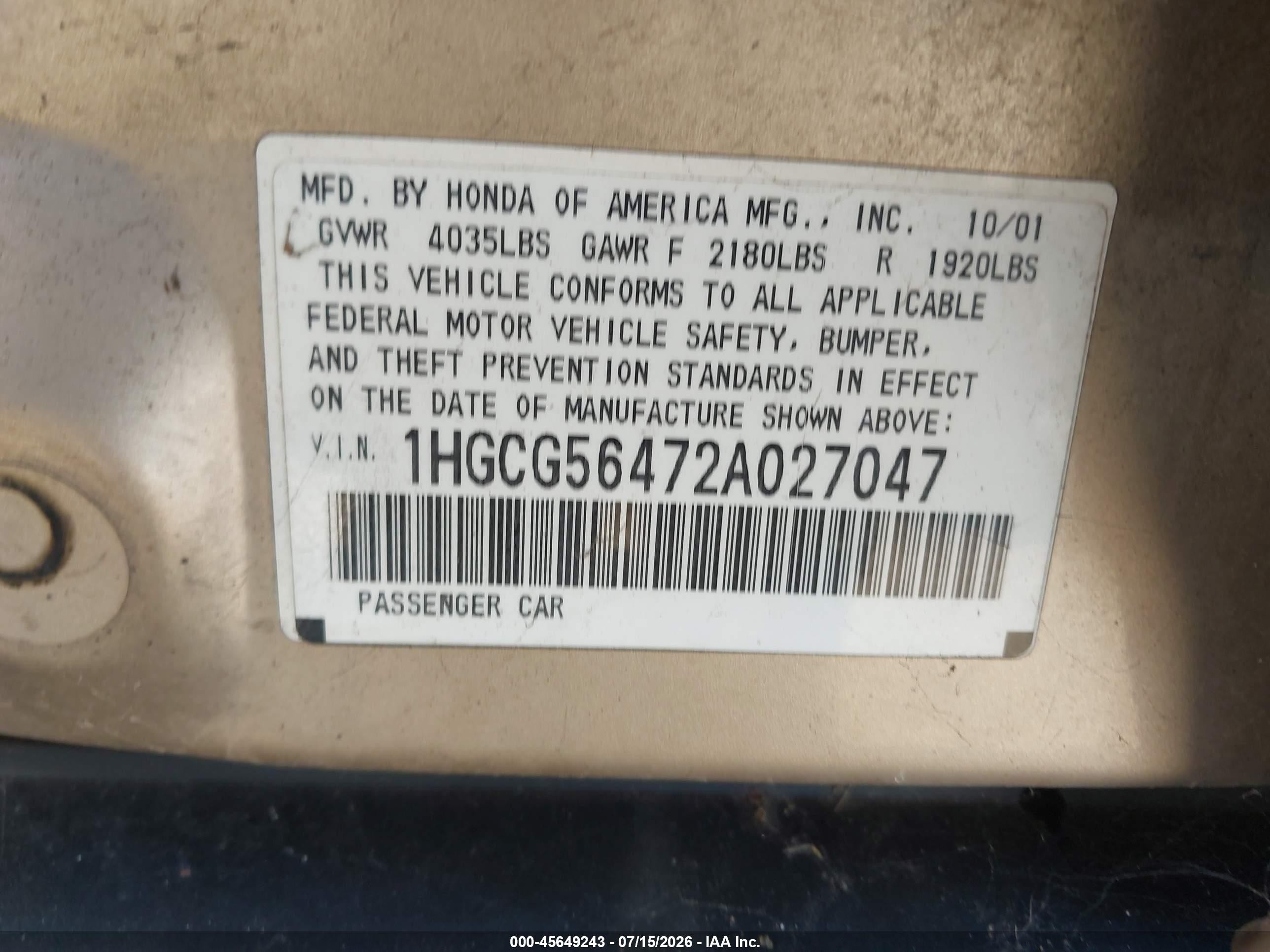 2002 Honda Accord 2.3 Lx Brown vin: 1HGCG56472A027047